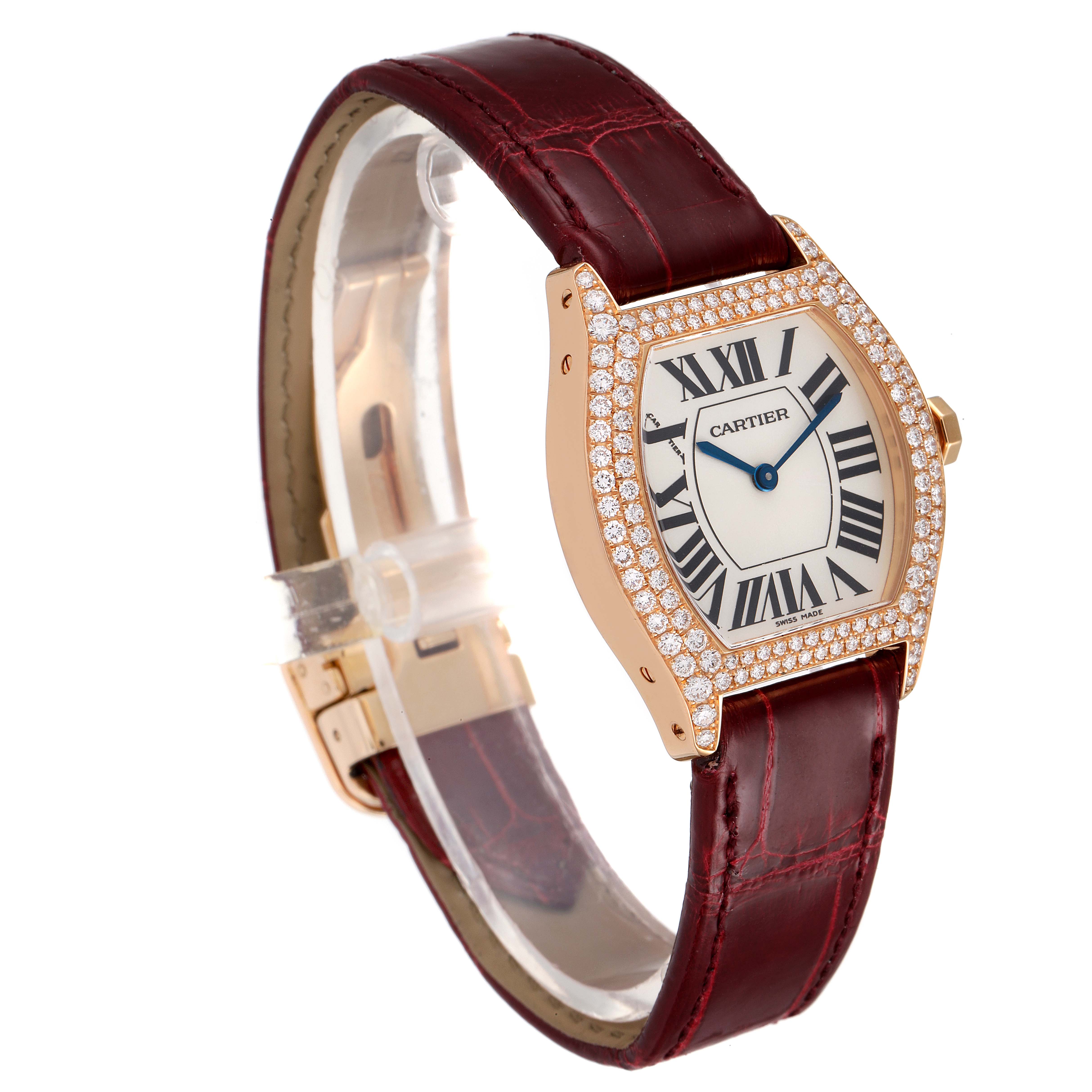 The image shows a Cartier Tortue 2645 Women's Rose Gold Silver Dial 2645 Women's Rose Gold Silver Dial model watch with a diamond-encrusted bezel and a brown leather strap, viewed at an angle.
