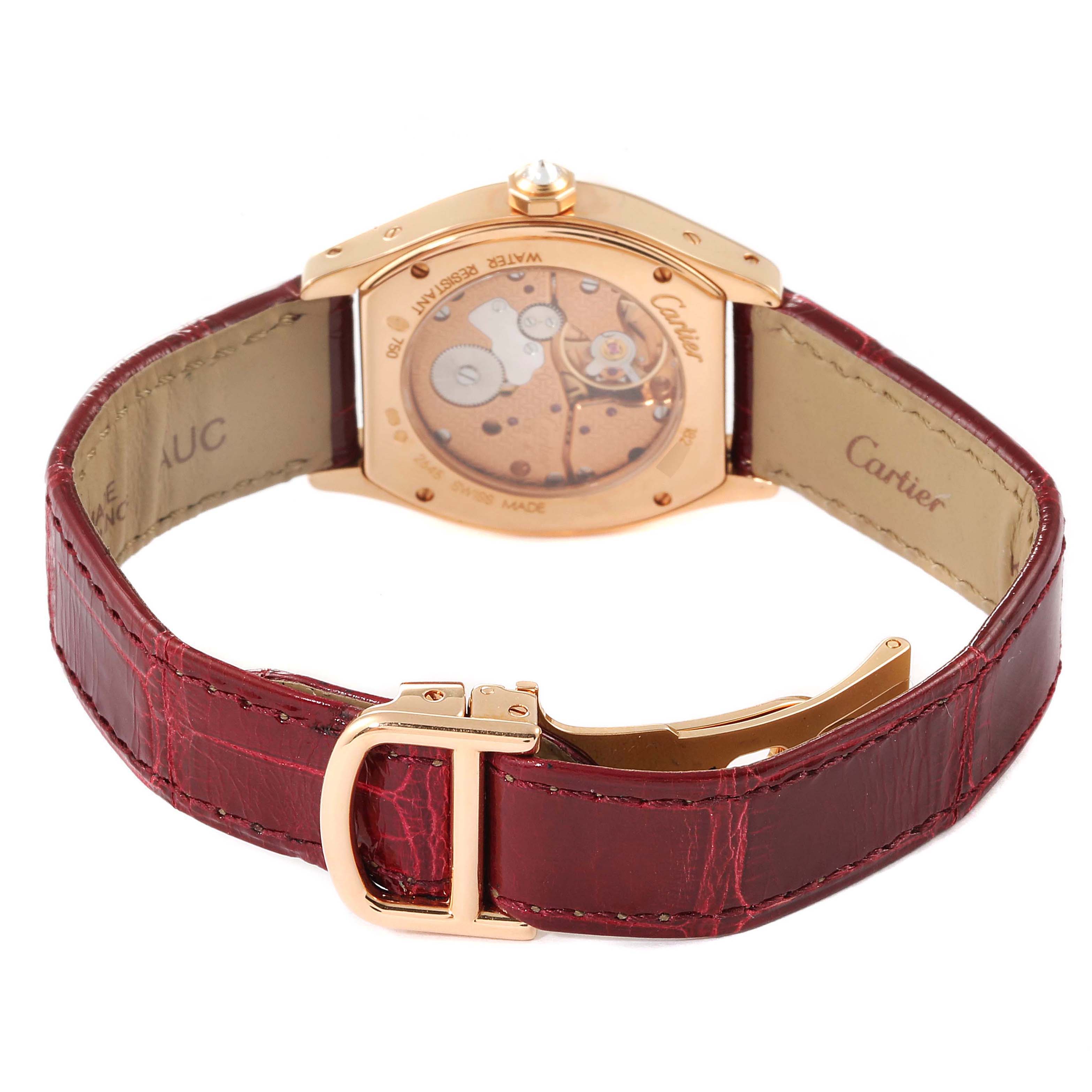 The image shows the back view of a Cartier Tortue 2645 Women's Rose Gold Silver Dial 2645 Women's Rose Gold Silver Dial watch, highlighting the open caseback and leather strap.