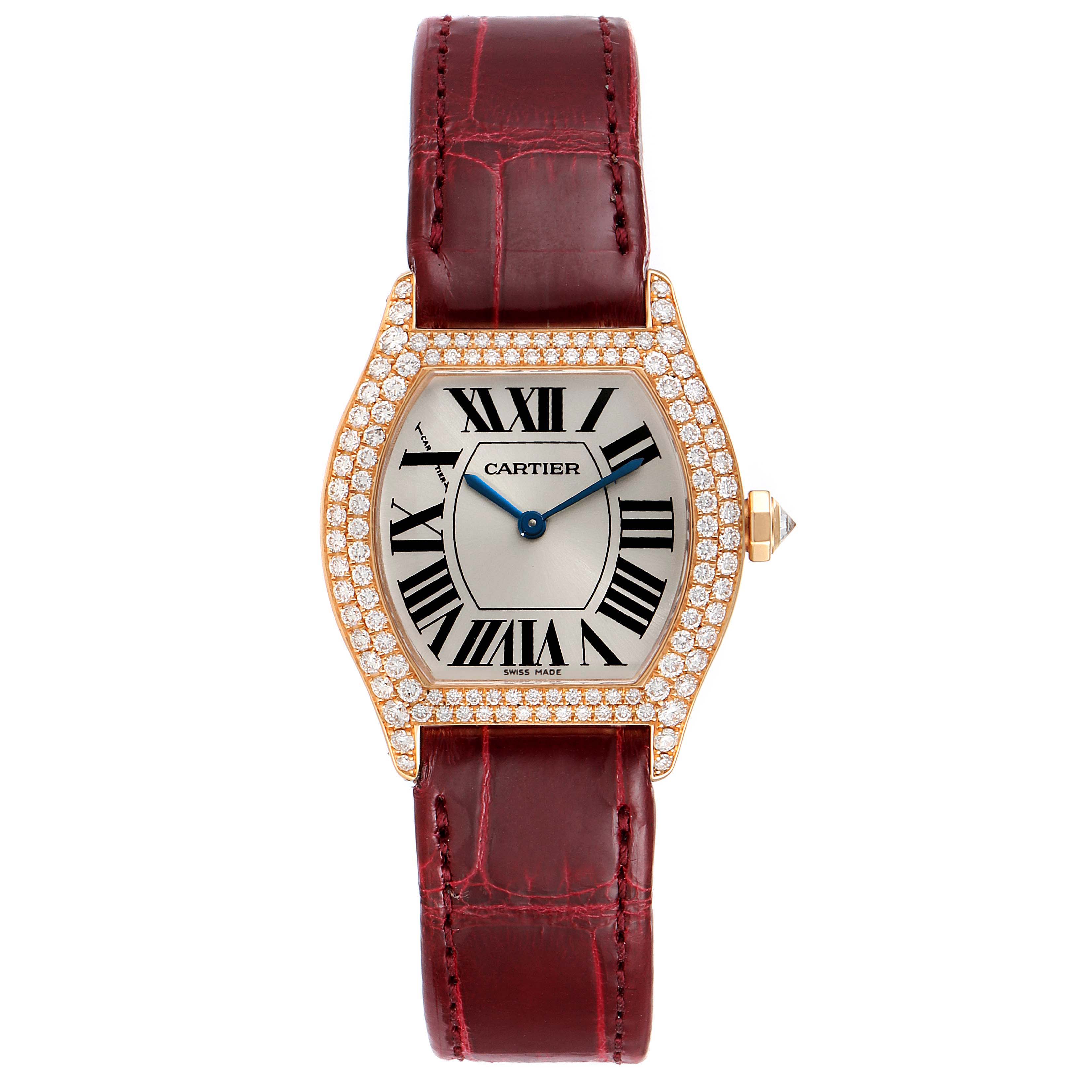 The image shows a Cartier Tortue 2645 Women's Rose Gold Silver Dial 2645 Women's Rose Gold Silver Dial watch from the front, featuring a red leather strap and diamond-studded bezel.