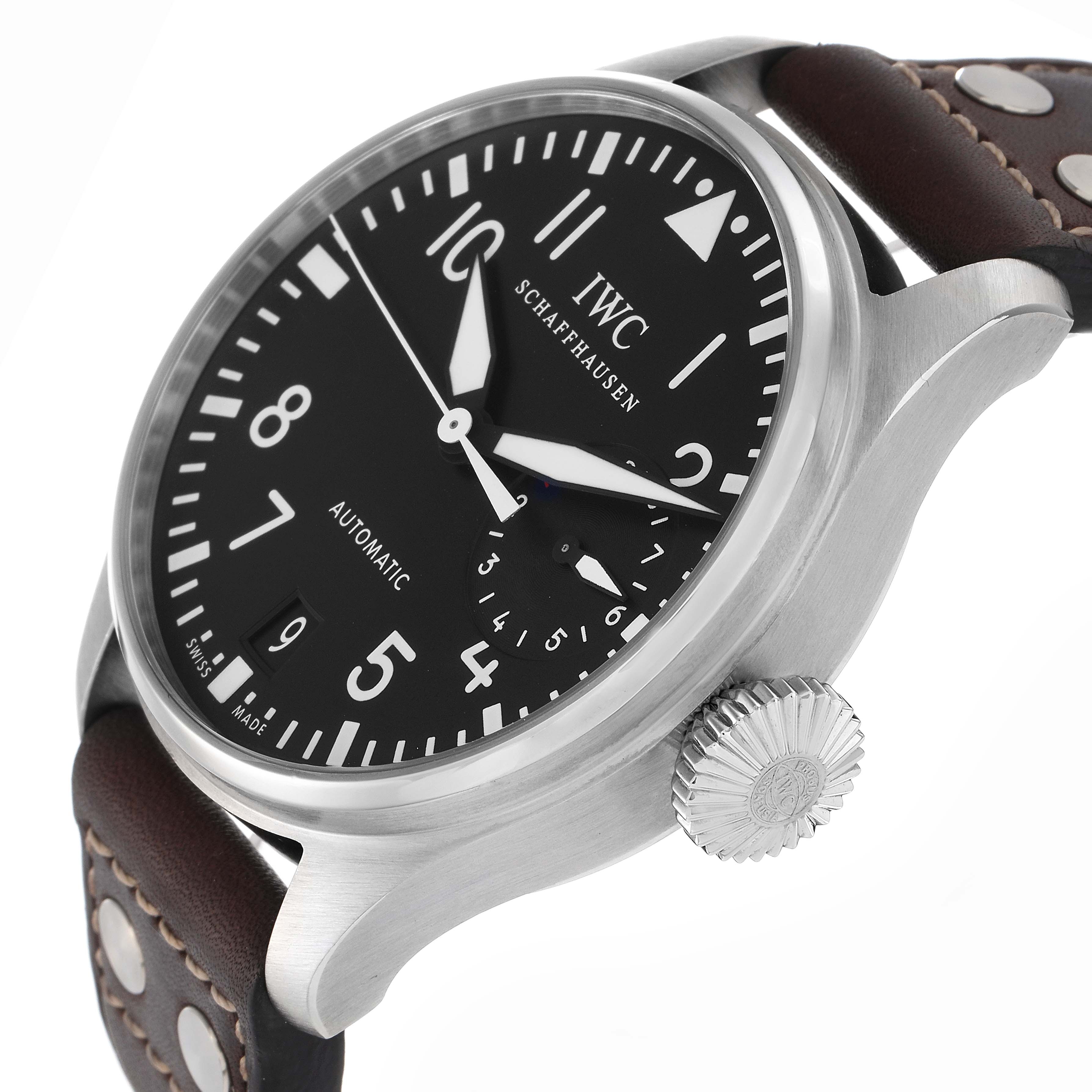 The IWC Pilot IW500901 Men
s Stainless Steel Black Dial IW500901 Men
s Stainless Steel Black Dial model watch is shown at a side angle, highlighting the dial, case, crown, and leather strap.