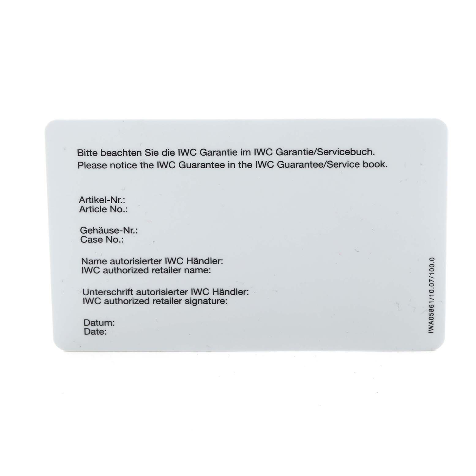 This image shows an IWC Pilot IW500901 Men
s Stainless Steel Black Dial IW500901 Men
s Stainless Steel Black Dial model guarantee card, viewed from the front.