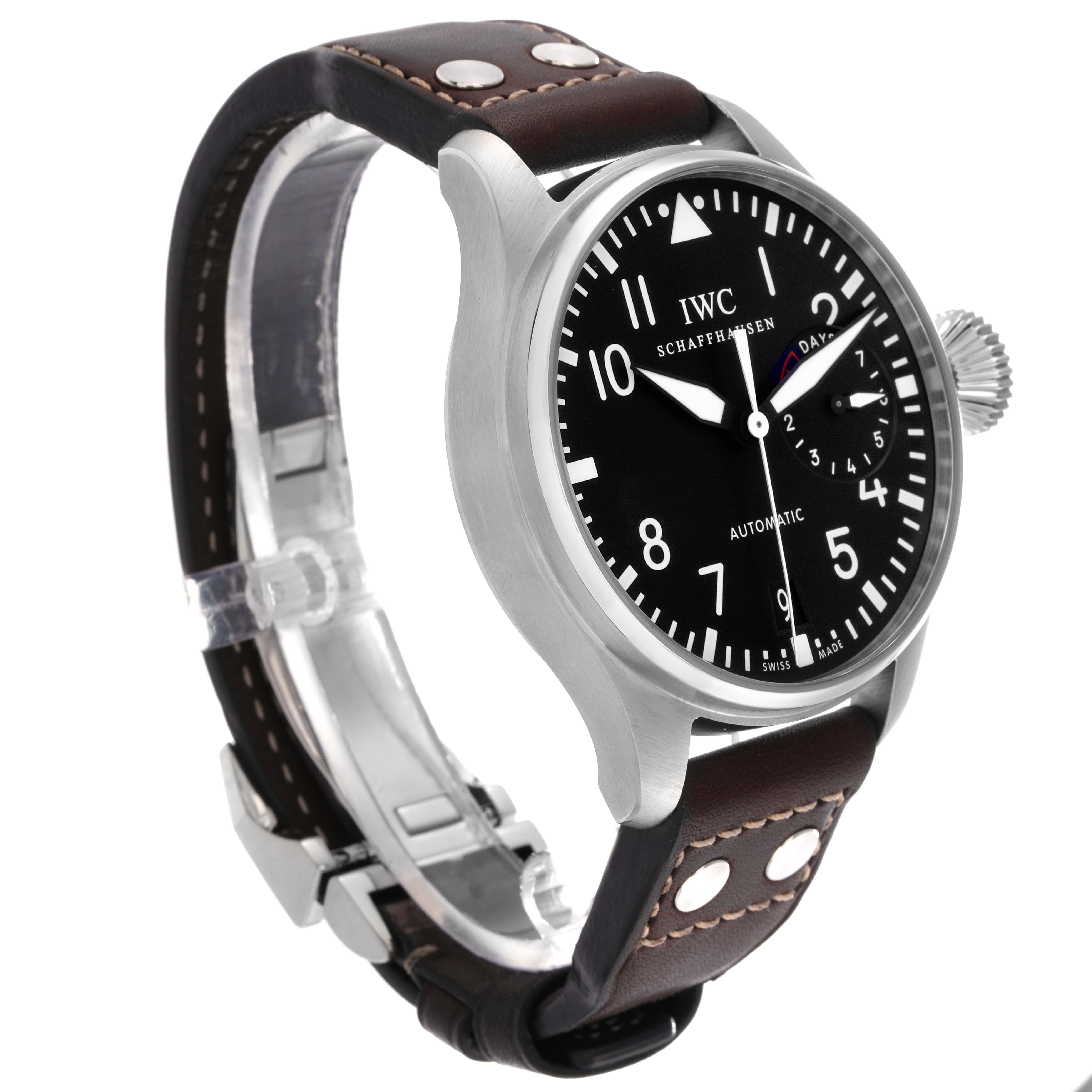 The IWC Pilot IW500901 Men
s Stainless Steel Black Dial IW500901 Men
s Stainless Steel Black Dial watch is shown from a three-quarter angle, highlighting its black dial, date function, and leather strap.