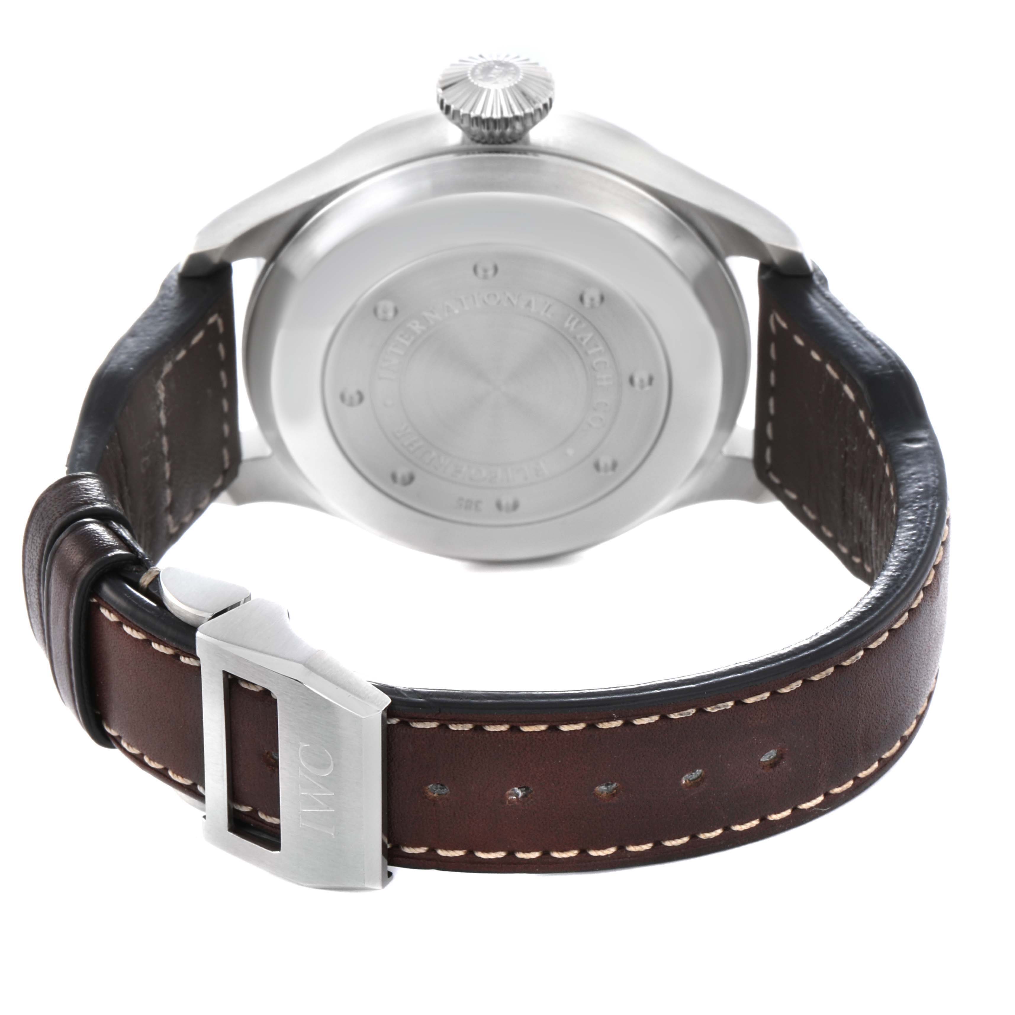 The IWC Pilot IW500901 Men
s Stainless Steel Black Dial IW500901 Men
s Stainless Steel Black Dial watch is shown from the back, highlighting the case back, crown, and leather strap with a buckle.