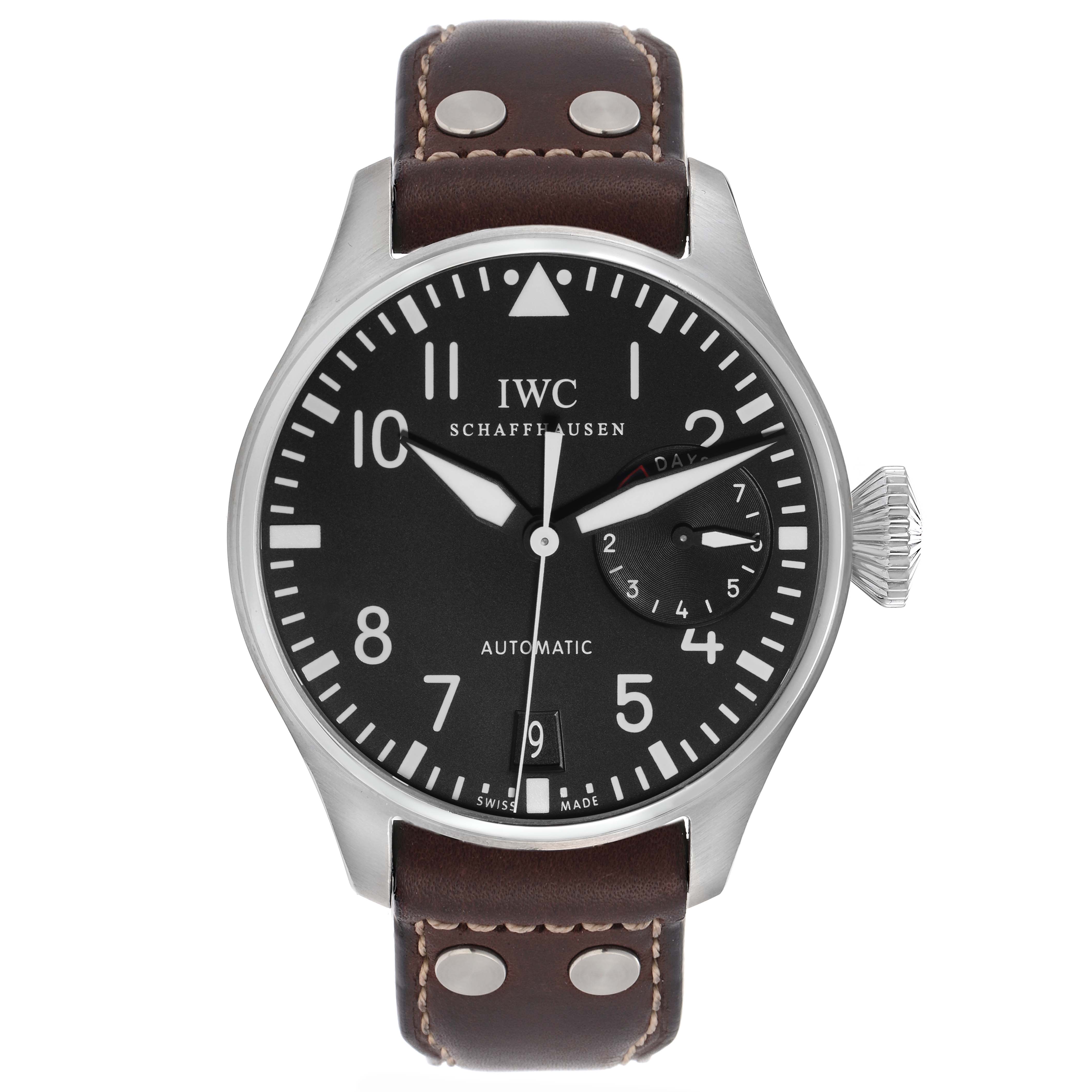 The IWC Pilot IW500901 Men
s Stainless Steel Black Dial IW500901 Men
s Stainless Steel Black Dial model watch is shown from the front, highlighting the dial, leather strap, and crown.