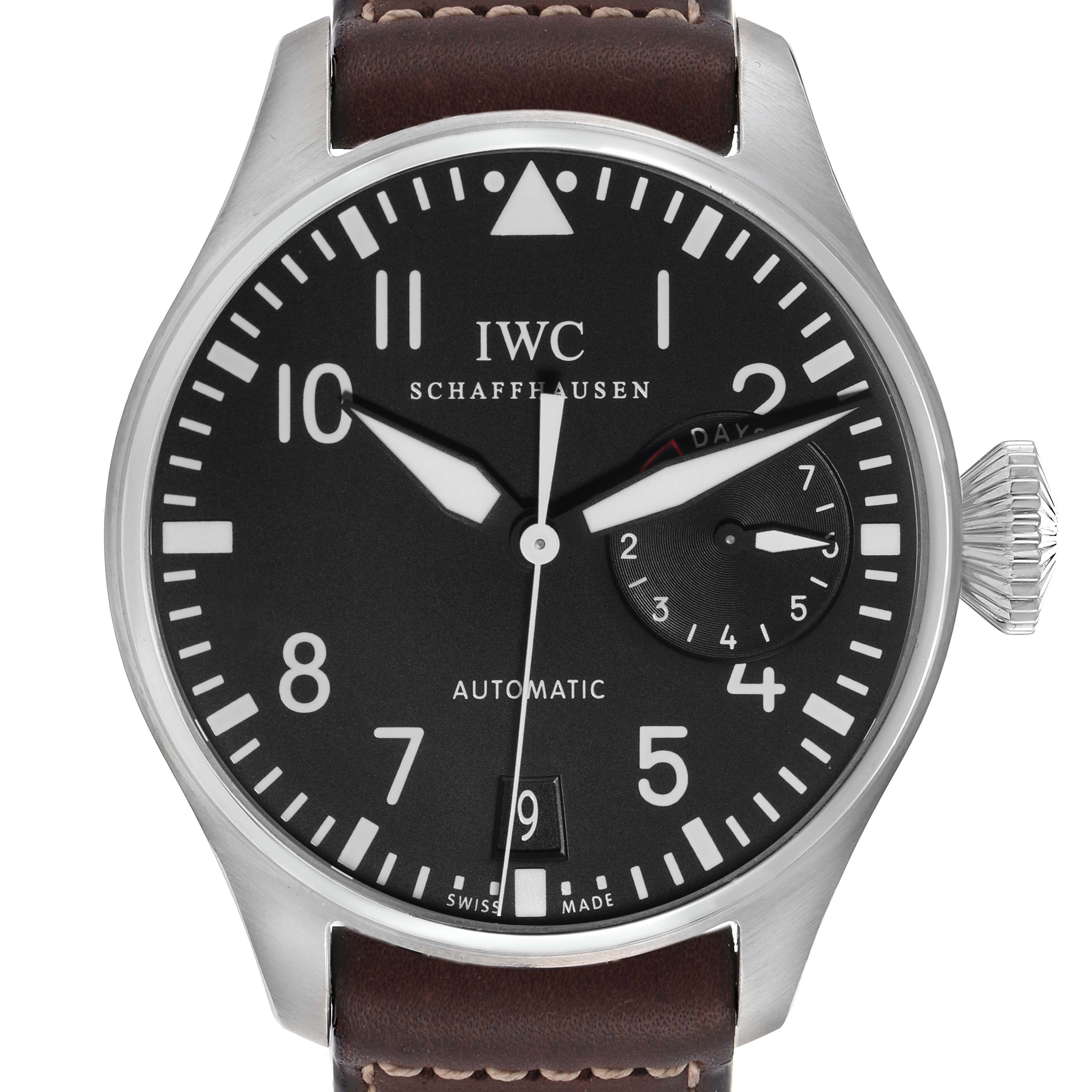 The image shows a front view of the IWC Pilot IW500901 Men
s Stainless Steel Black Dial IW500901 Men
s Stainless Steel Black Dial model watch, displaying the dial, hands, and crown.