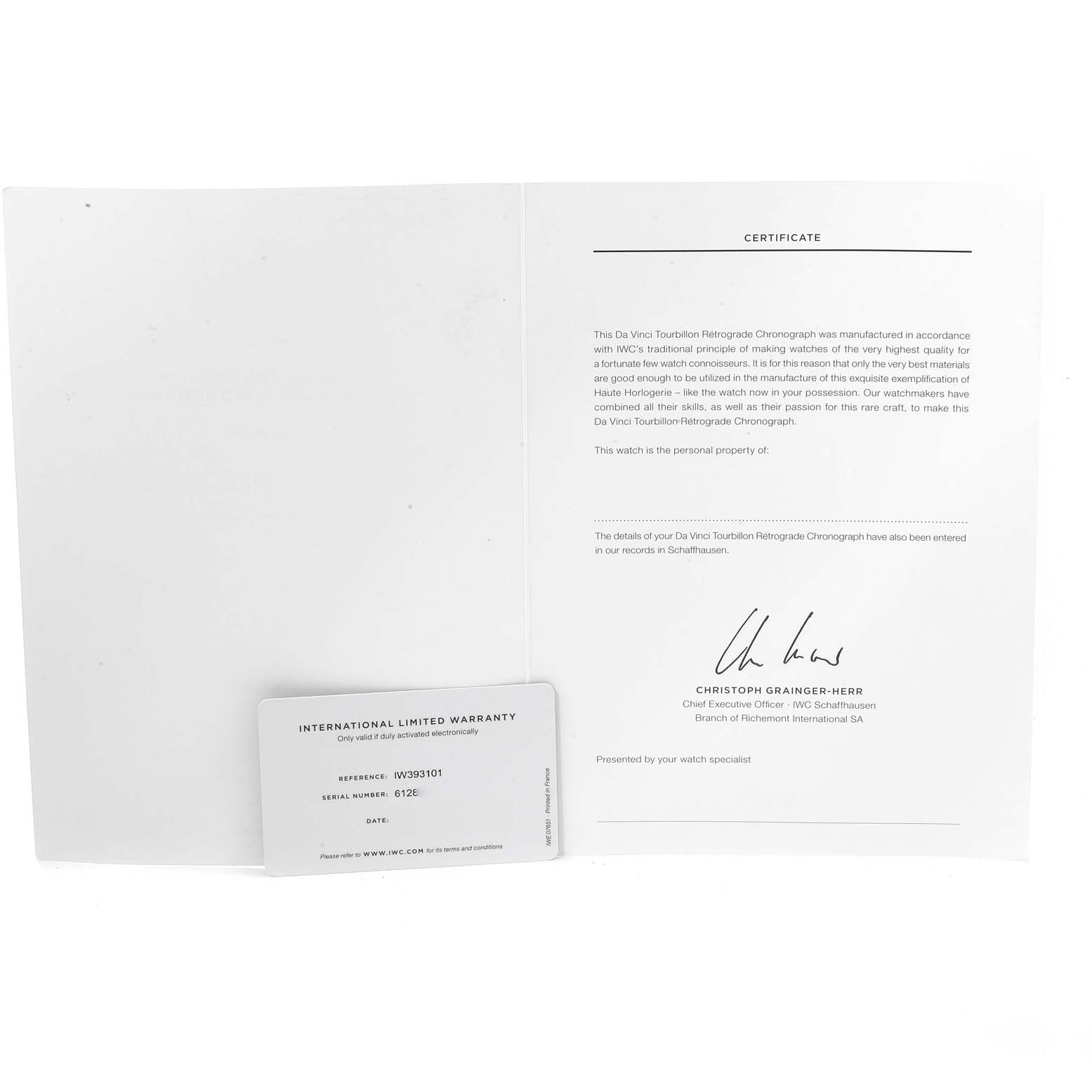 The image shows an open certificate and international limited warranty card for the IWC Da Vinci IW393101 Men's Rose Gold Silver Dial watch.