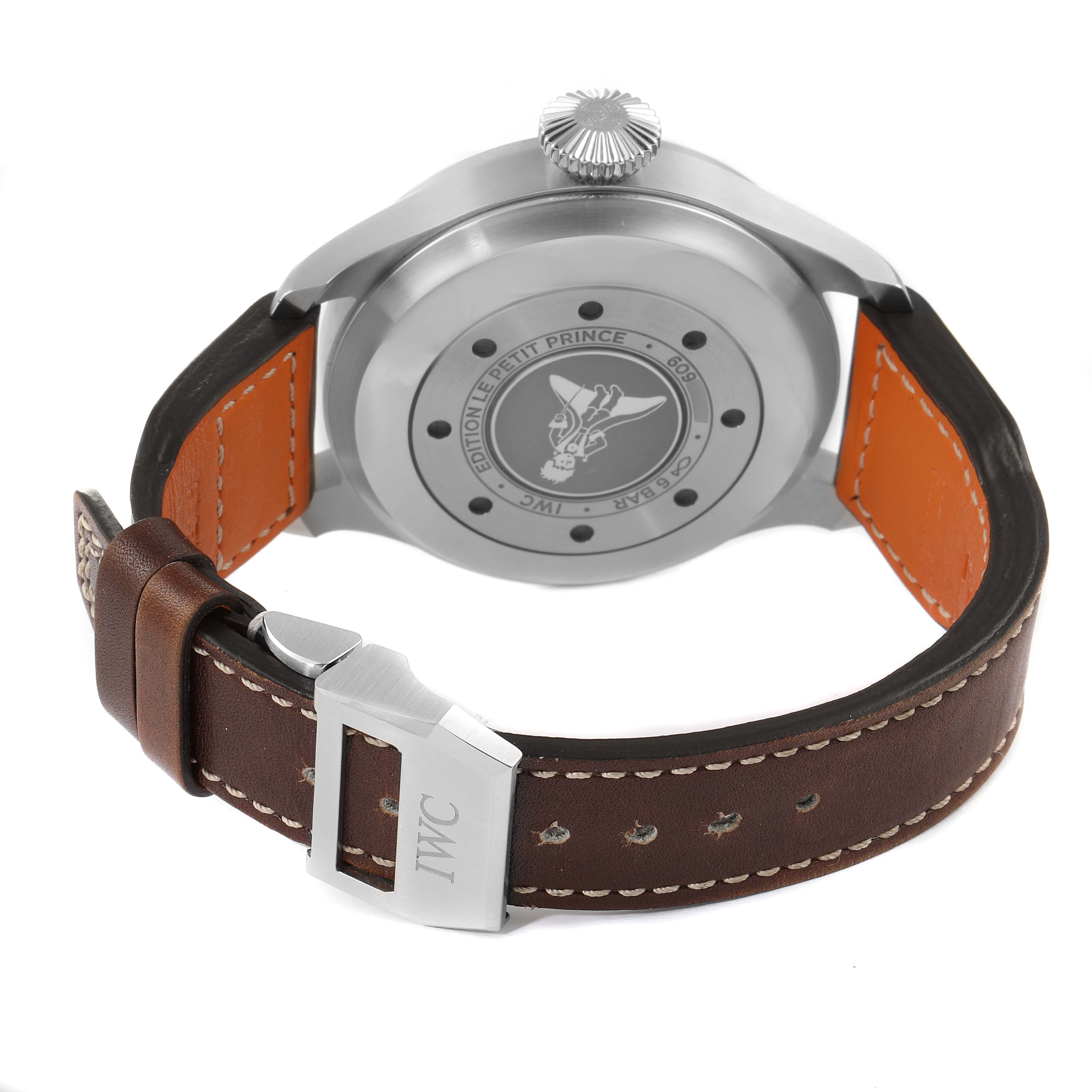 This image shows the back view of an IWC Pilot IW500916 Men's Stainless Steel Blue Dial IW500916 Men's Stainless Steel Blue Dial model watch with the caseback and leather strap visible.