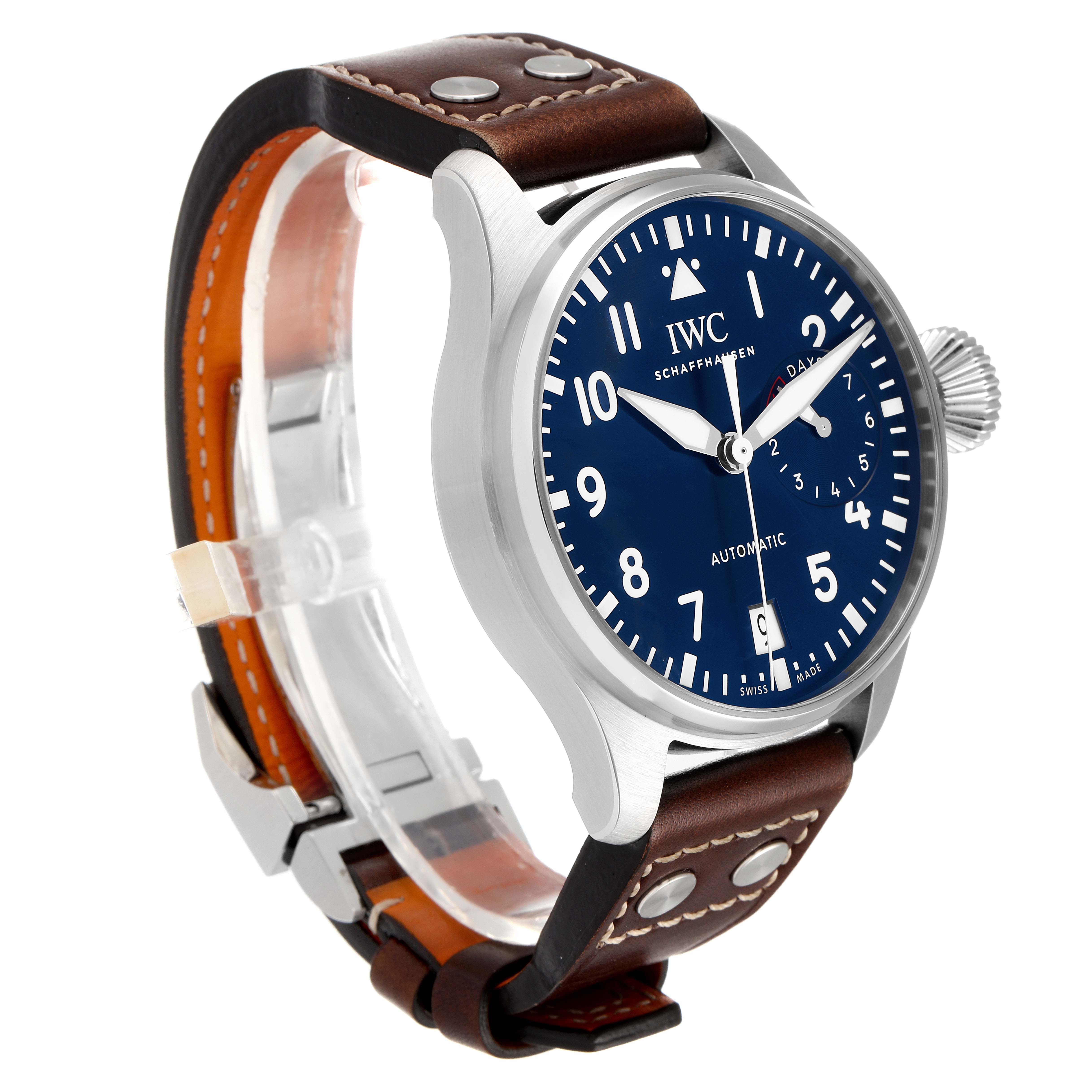 The IWC Pilot IW500916 Men's Stainless Steel Blue Dial IW500916 Men's Stainless Steel Blue Dial model watch is shown at a three-quarter angle highlighting its face, crown, and leather strap with rivets.