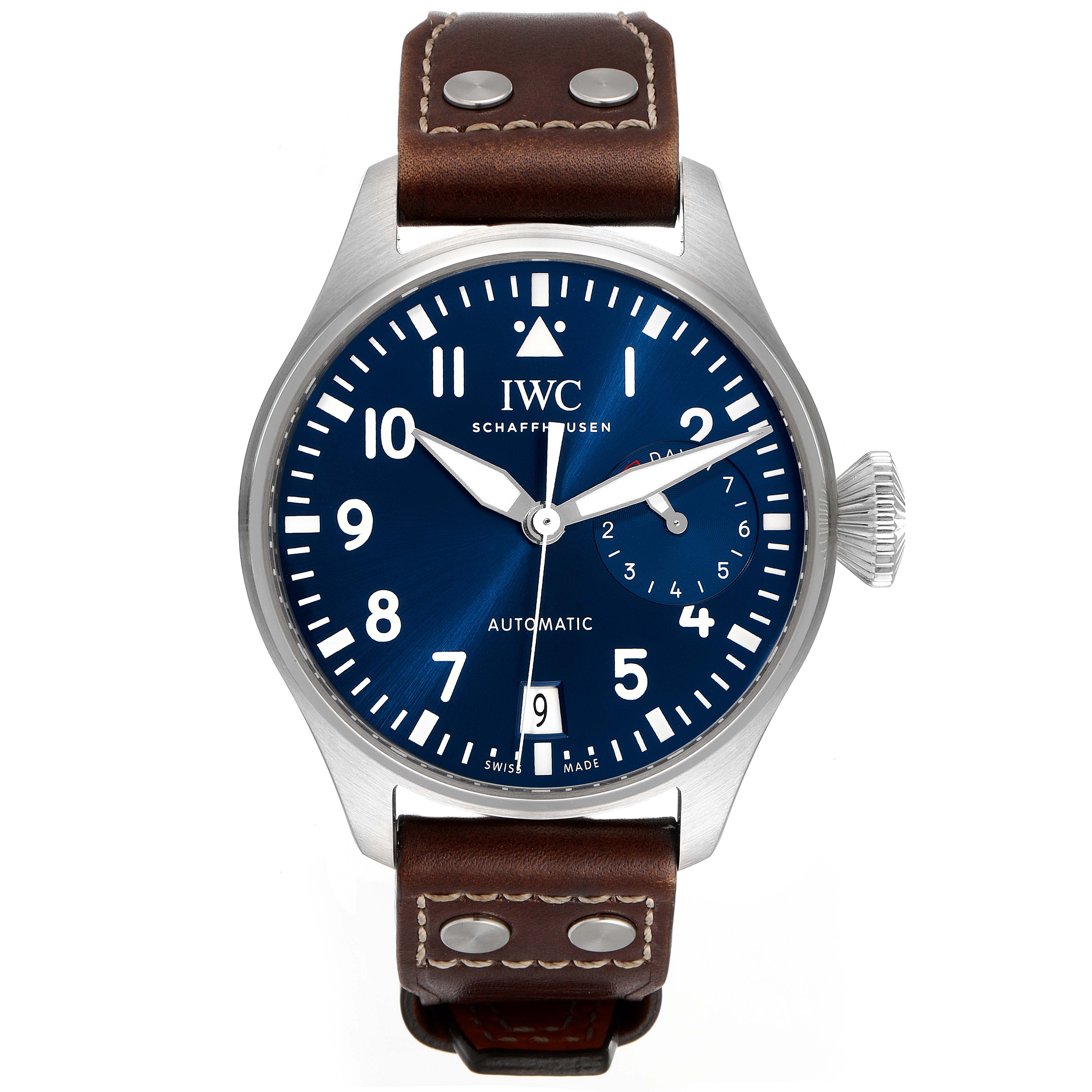 The image shows a front view of the IWC Pilot IW500916 Men's Stainless Steel Blue Dial IW500916 Men's Stainless Steel Blue Dial model watch, displaying the dial, hands, date, and leather strap.