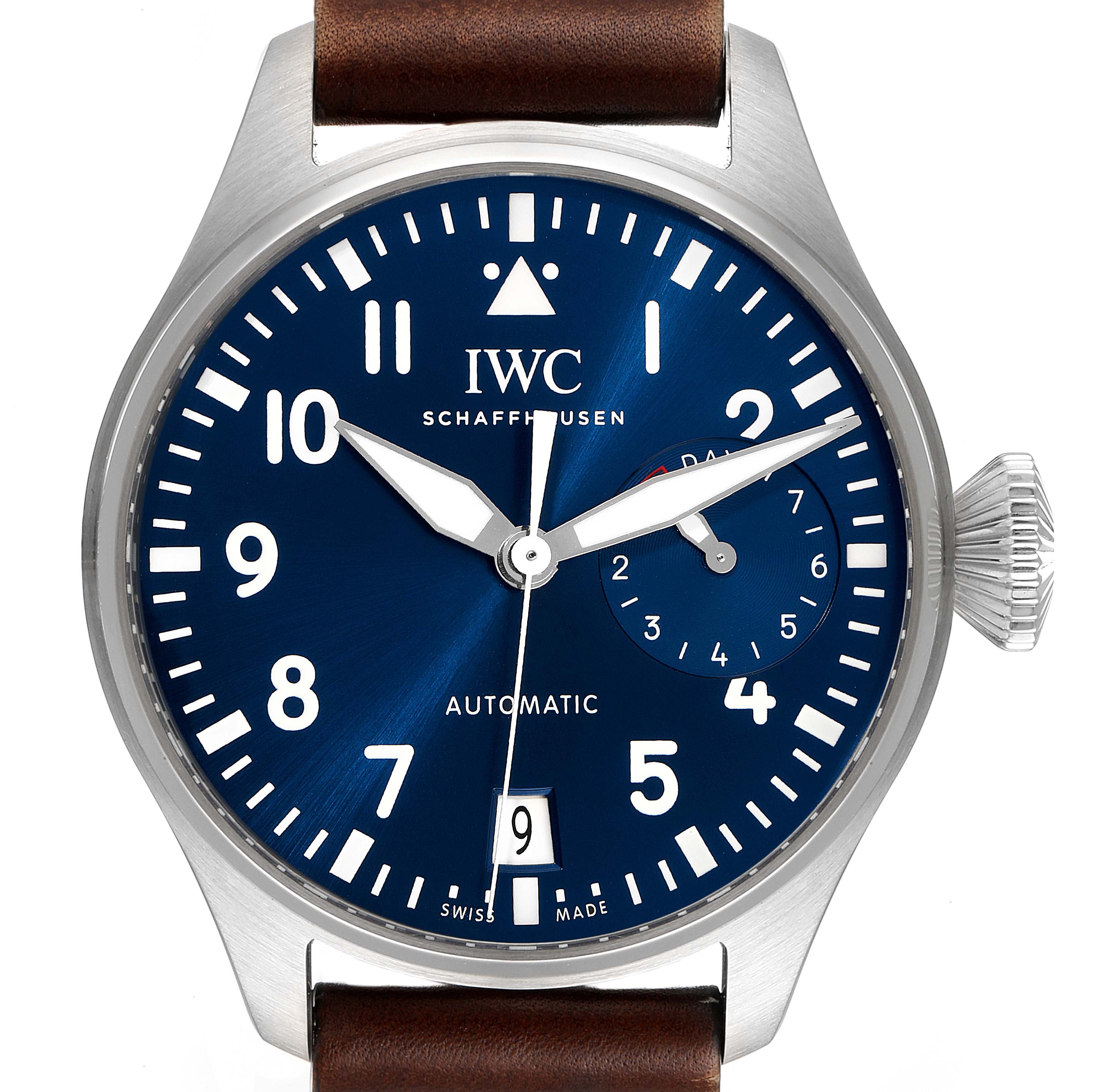 The image shows a front view of the IWC Pilot IW500916 Men's Stainless Steel Blue Dial IW500916 Men's Stainless Steel Blue Dial model watch, highlighting its blue dial, date window, and brown leather strap.
