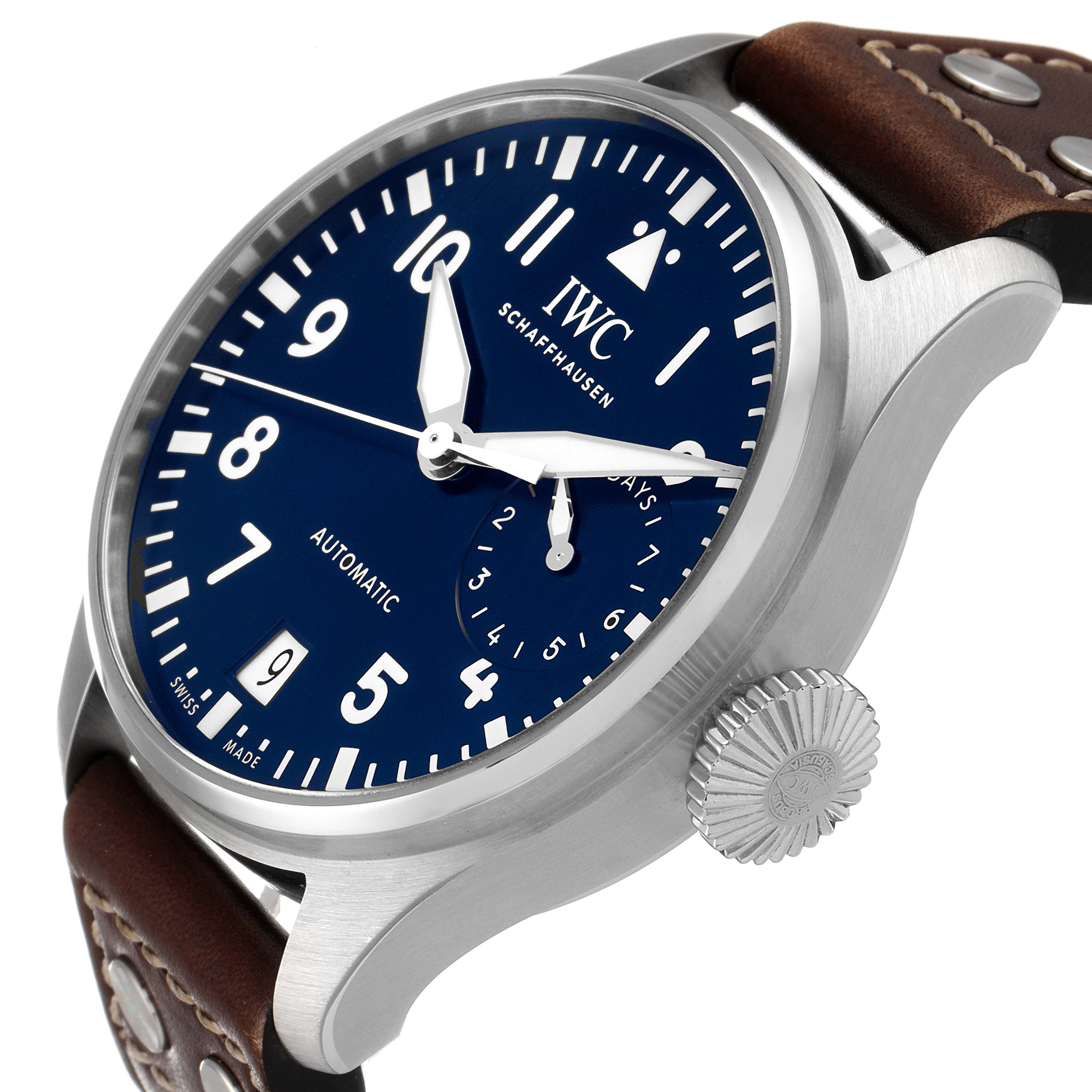 The IWC Pilot IW500916 Men's Stainless Steel Blue Dial IW500916 Men's Stainless Steel Blue Dial model watch is shown at a slight angle, highlighting the face, crown, and part of the leather strap.