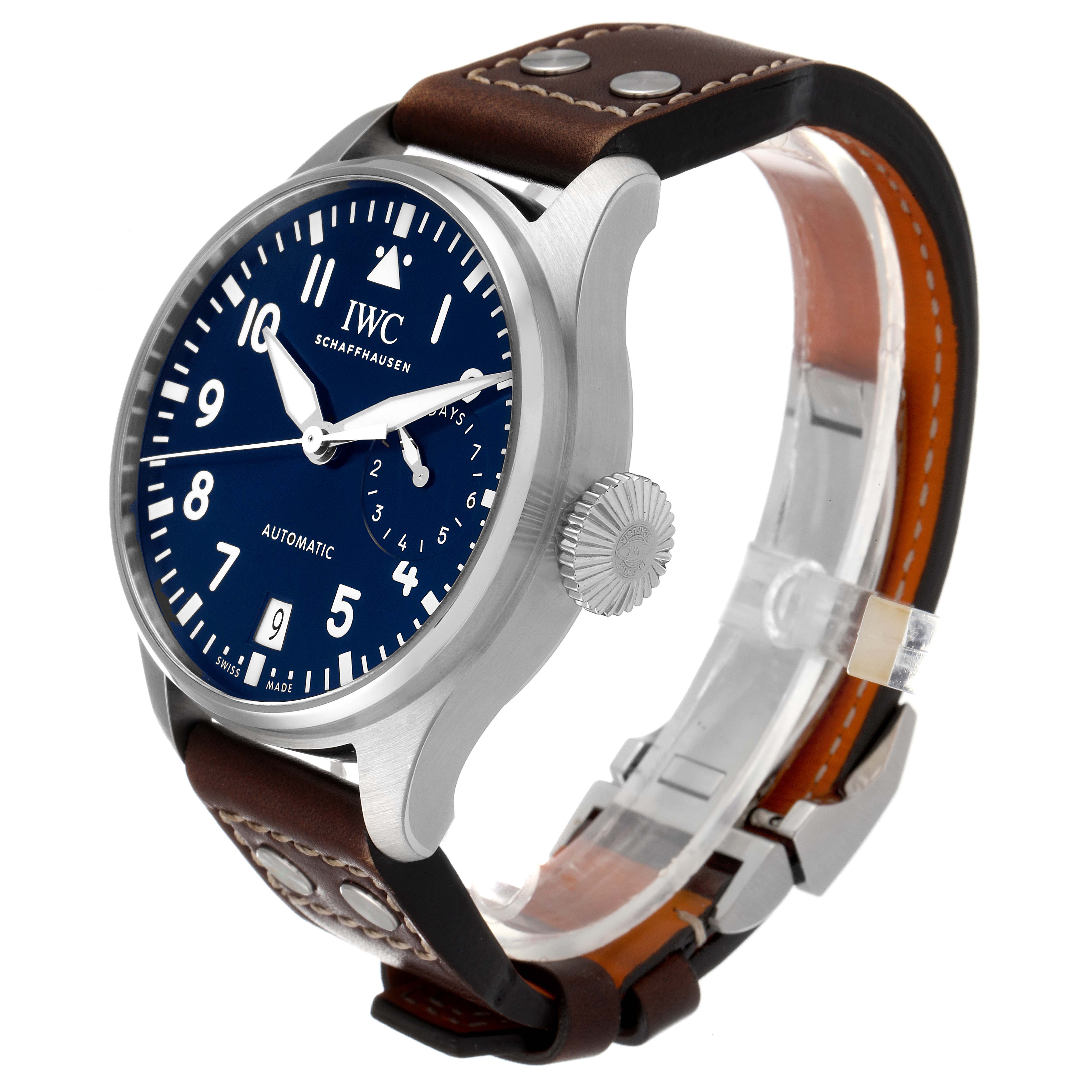The image shows an angled side view of the IWC Pilot IW500916 Men's Stainless Steel Blue Dial IW500916 Men's Stainless Steel Blue Dial watch, highlighting its blue dial, crown, and brown leather strap.