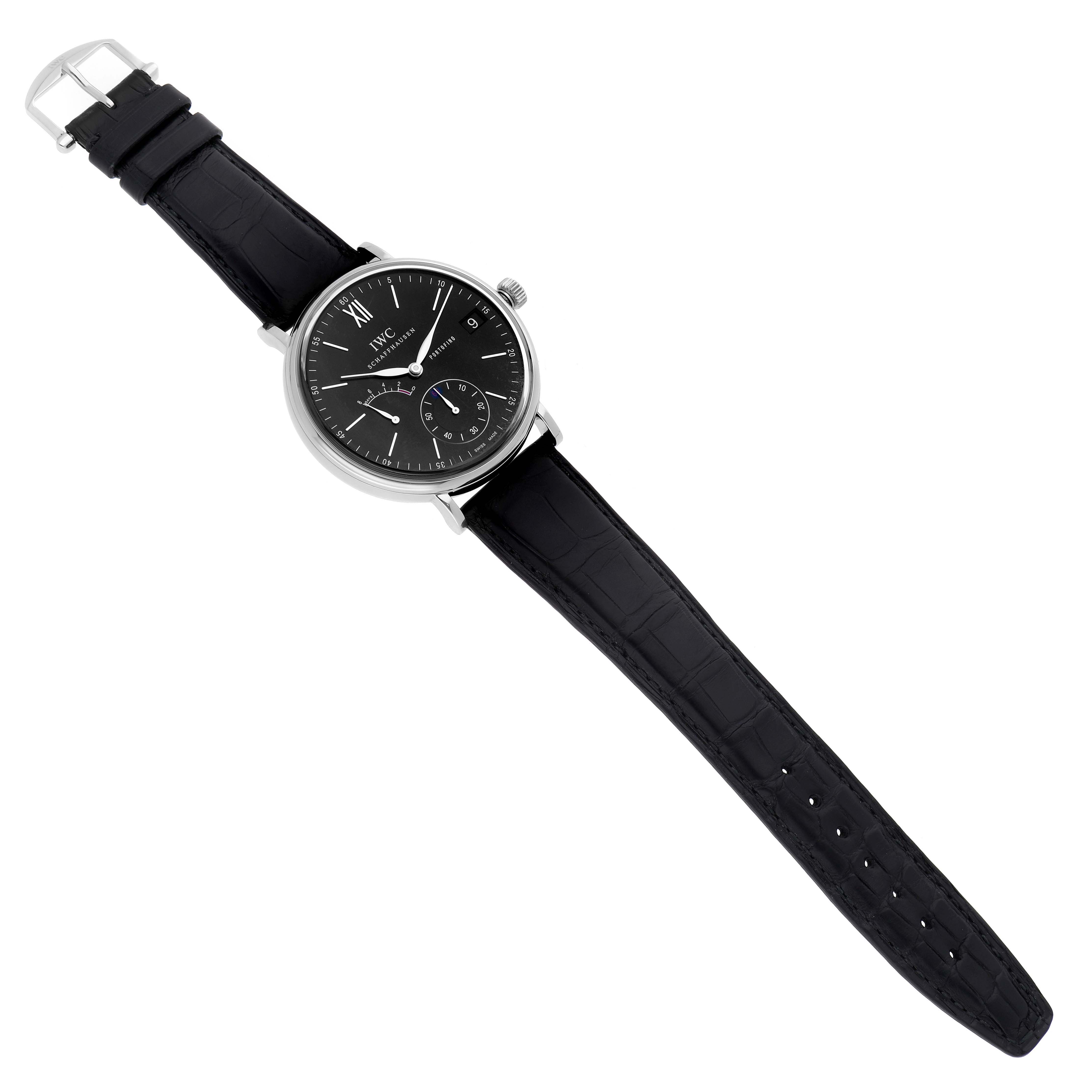 The IWC Portofino IW510102 Men
s Stainless Steel Black Dial IW510102 Men
s Stainless Steel Black Dial watch is shown from a top-down angle, featuring the dial, strap, and buckle.