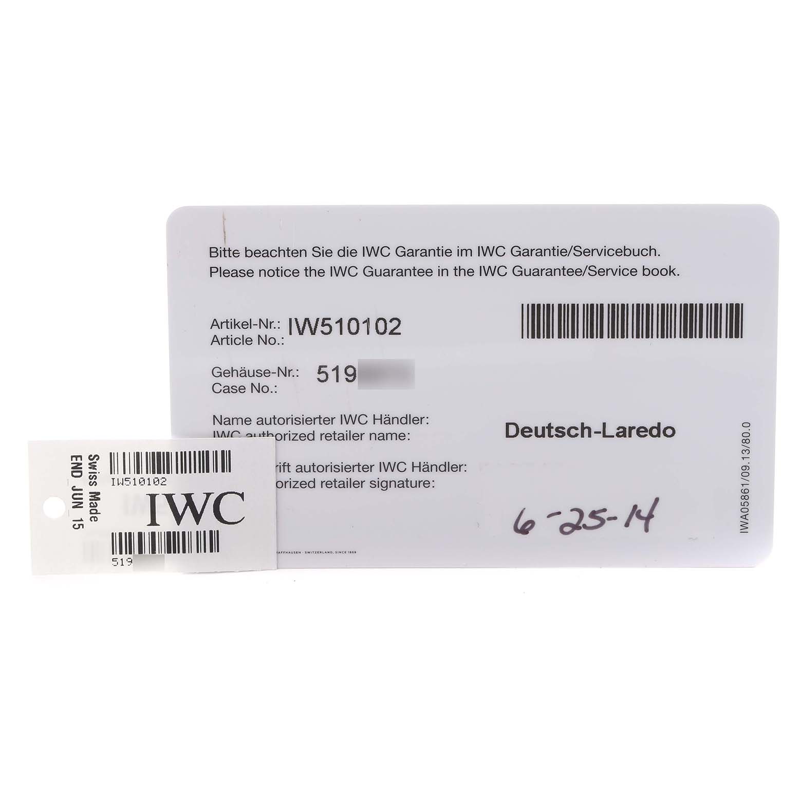 The image shows warranty and service cards for the IWC Portofino IW510102 Men
s Stainless Steel Black Dial IW510102 Men
s Stainless Steel Black Dial watch model, with the brand name and details visible.
