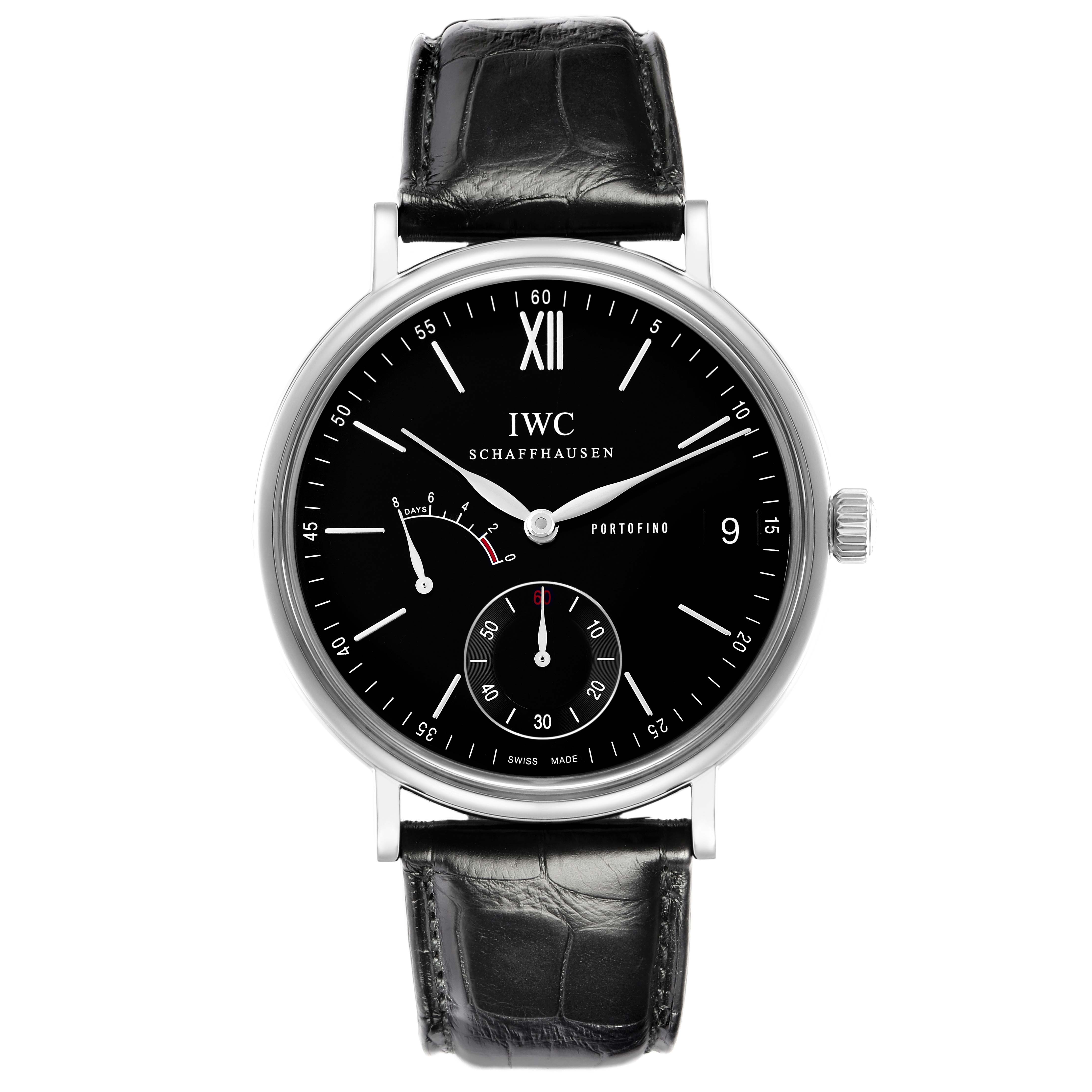 The IWC Portofino IW510102 Men
s Stainless Steel Black Dial IW510102 Men
s Stainless Steel Black Dial watch is shown from a straight-on angle, displaying its black dial, subdials, and black leather strap.