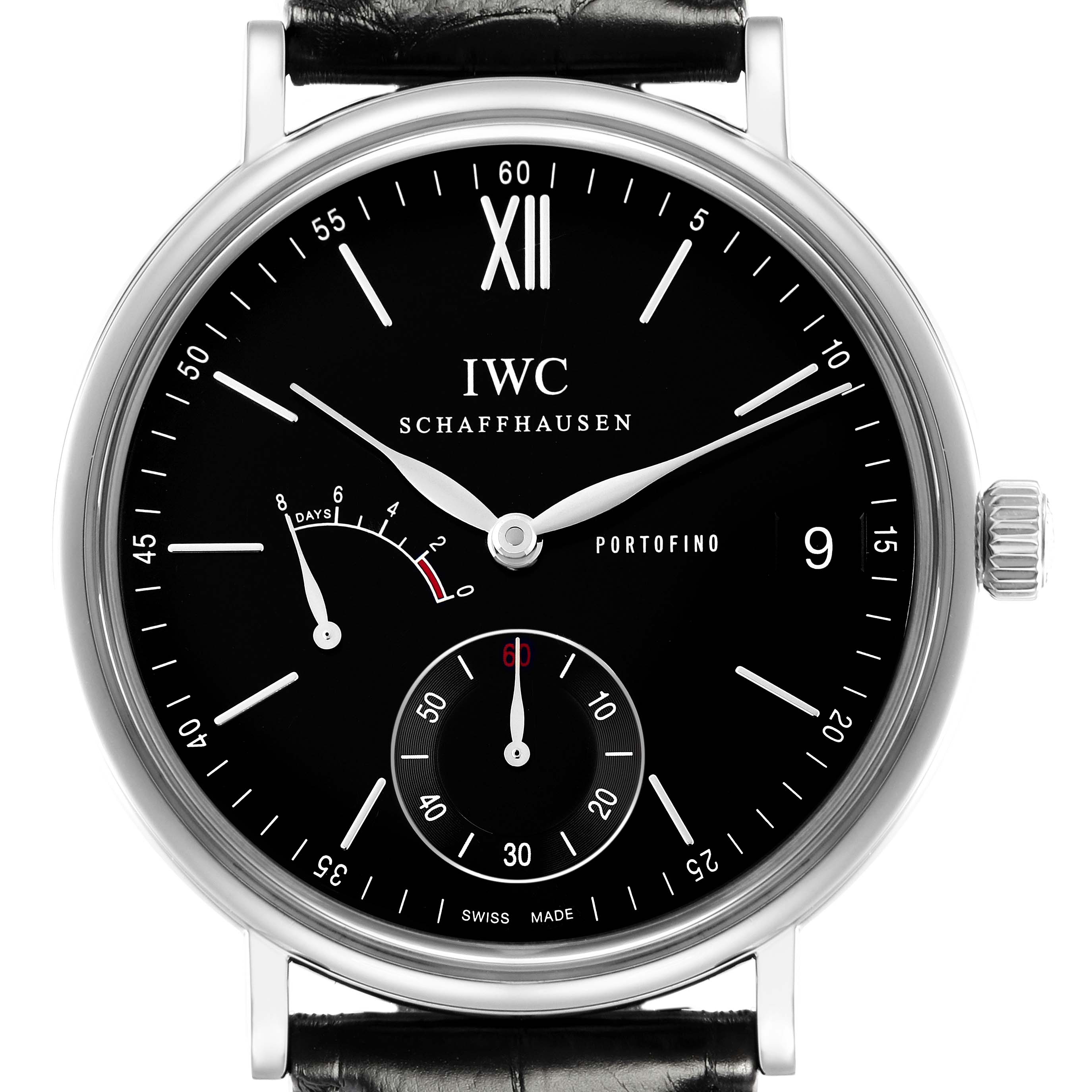 The IWC Portofino IW510102 Men
s Stainless Steel Black Dial IW510102 Men
s Stainless Steel Black Dial watch is shown from the front, featuring its dial, brand name, subdials, and crown.