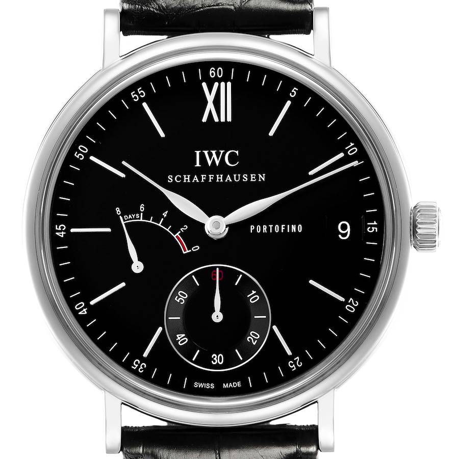 The IWC Portofino watch is shown from the front, featuring its dial, brand name, subdials, and crown.