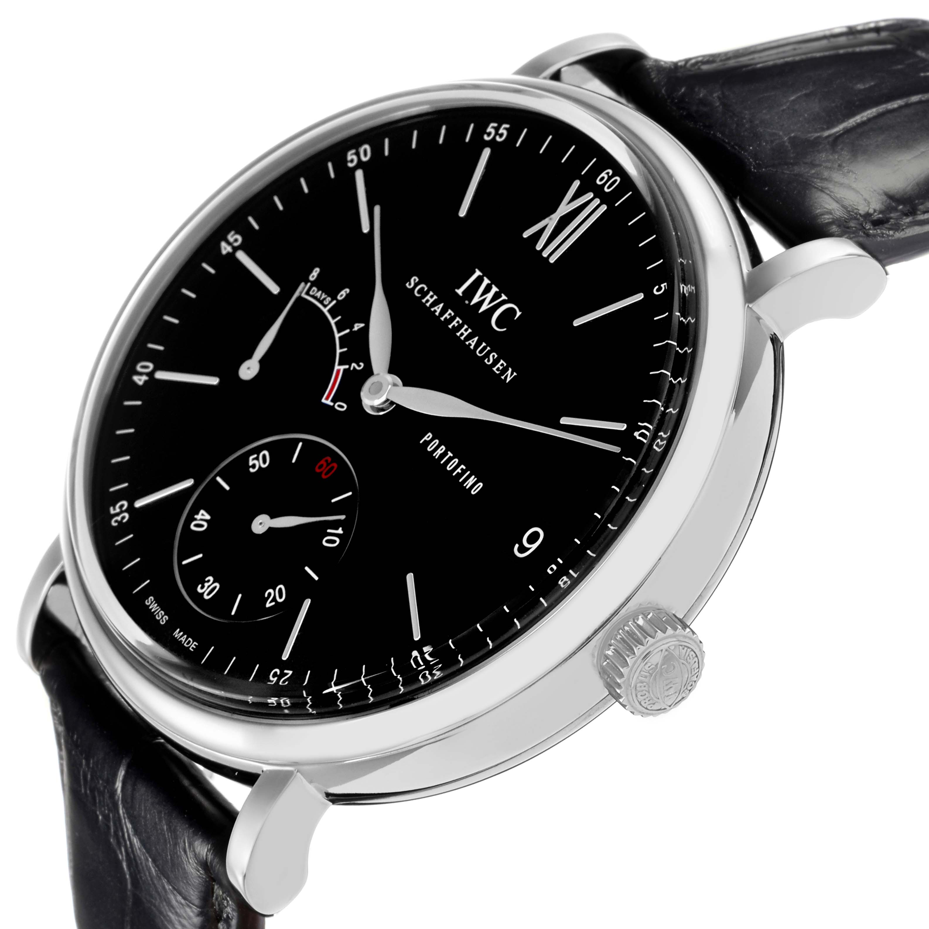 The IWC Portofino IW510102 Men
s Stainless Steel Black Dial IW510102 Men
s Stainless Steel Black Dial watch is shown at a tilted angle showcasing its face, crown, and leather strap attachment.