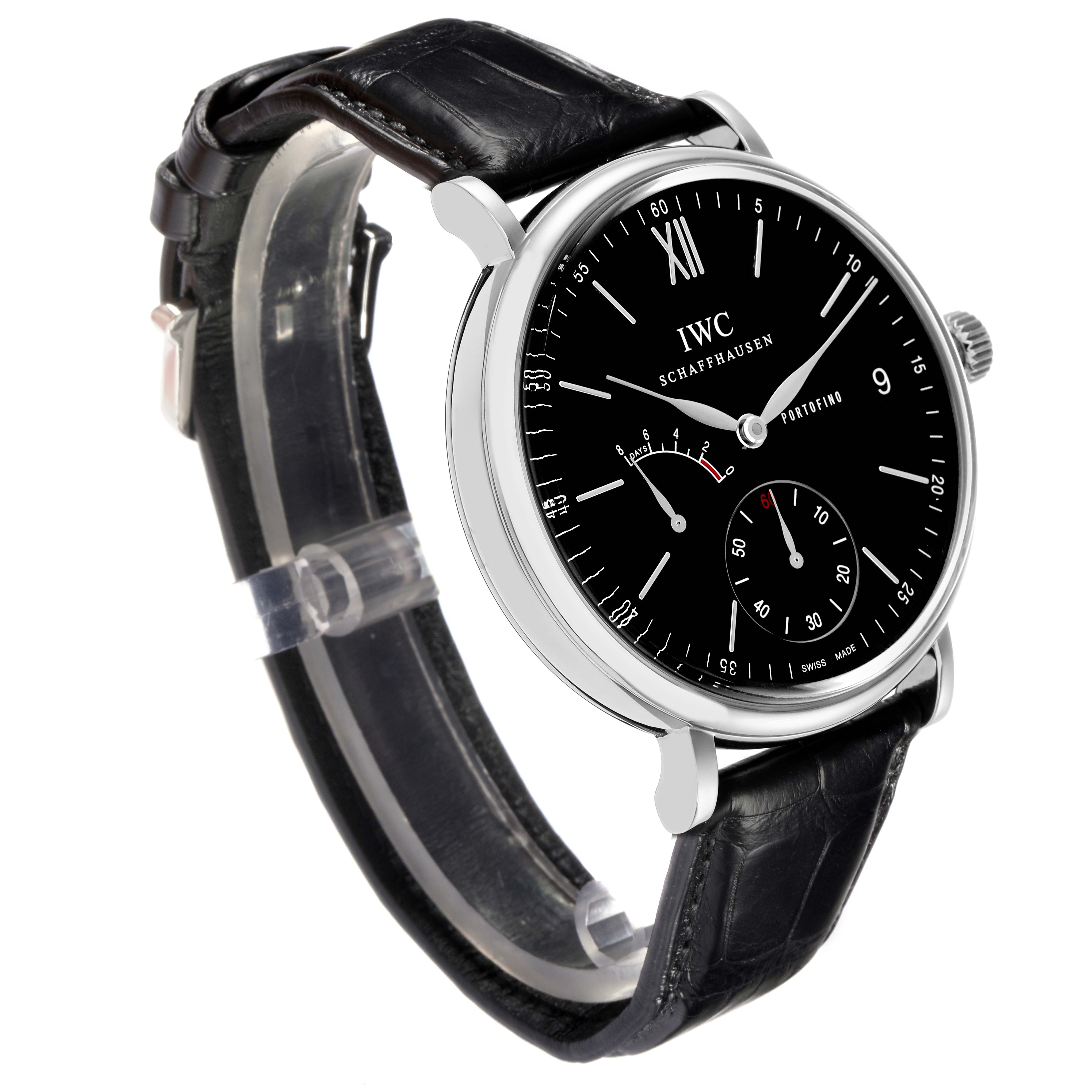 The IWC Portofino IW510102 Men
s Stainless Steel Black Dial IW510102 Men
s Stainless Steel Black Dial watch is shown from a side angle, displaying its face, black dial, case, crown, and leather strap.