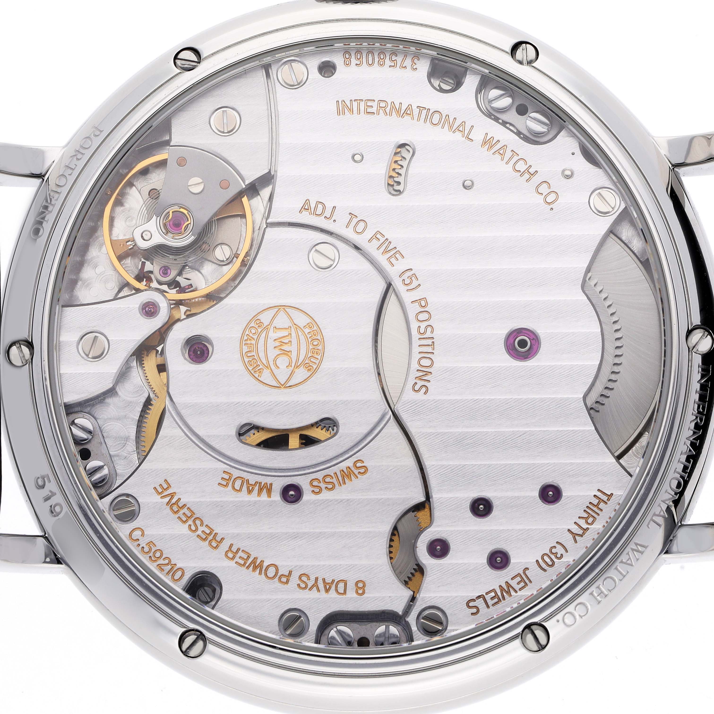 The IWC Portofino IW510102 Men
s Stainless Steel Black Dial IW510102 Men
s Stainless Steel Black Dial watch is shown from the back, revealing the intricate movement and engravings.