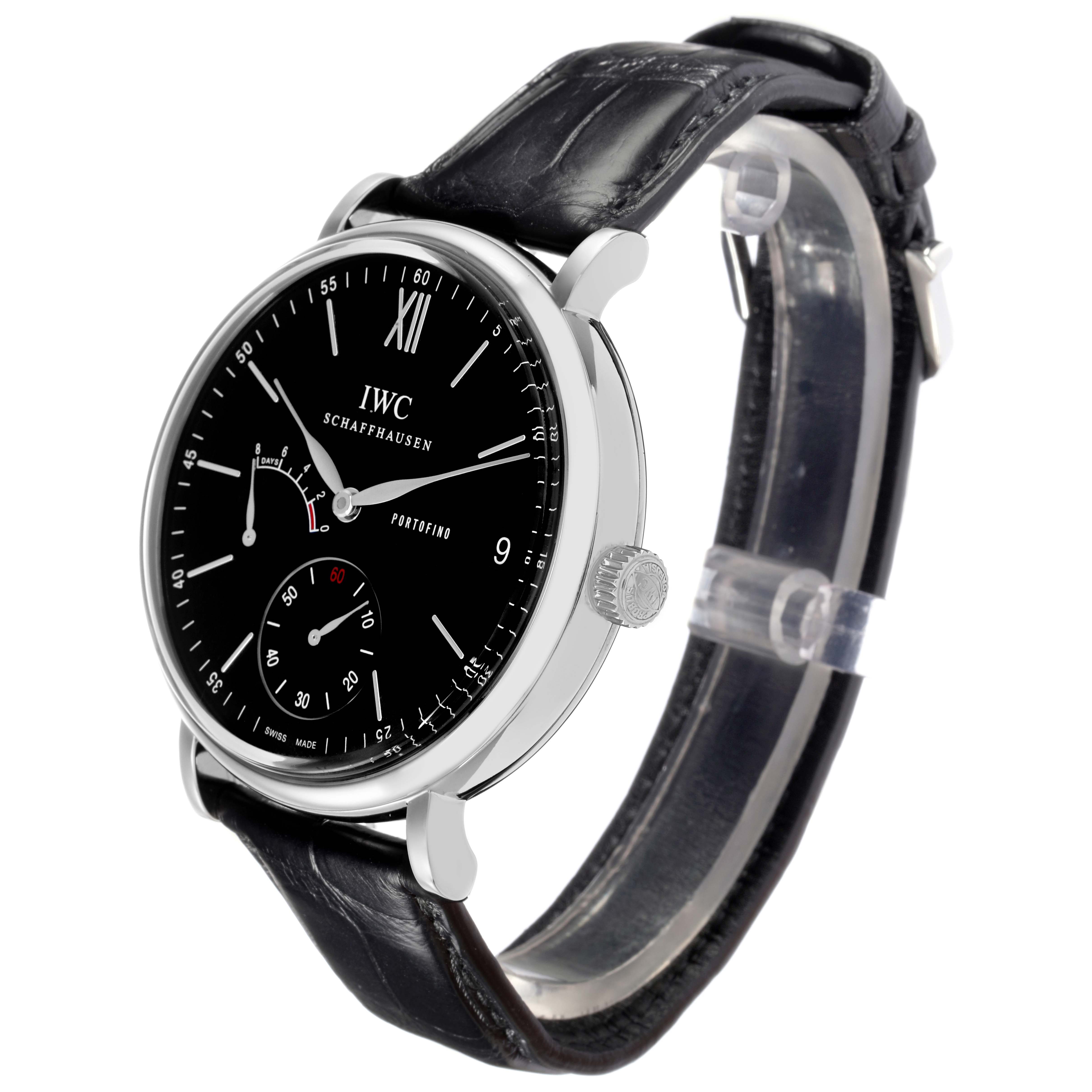 The IWC Portofino IW510102 Men
s Stainless Steel Black Dial IW510102 Men
s Stainless Steel Black Dial watch is shown at a slight angle, displaying the face, crown, and part of the leather strap.