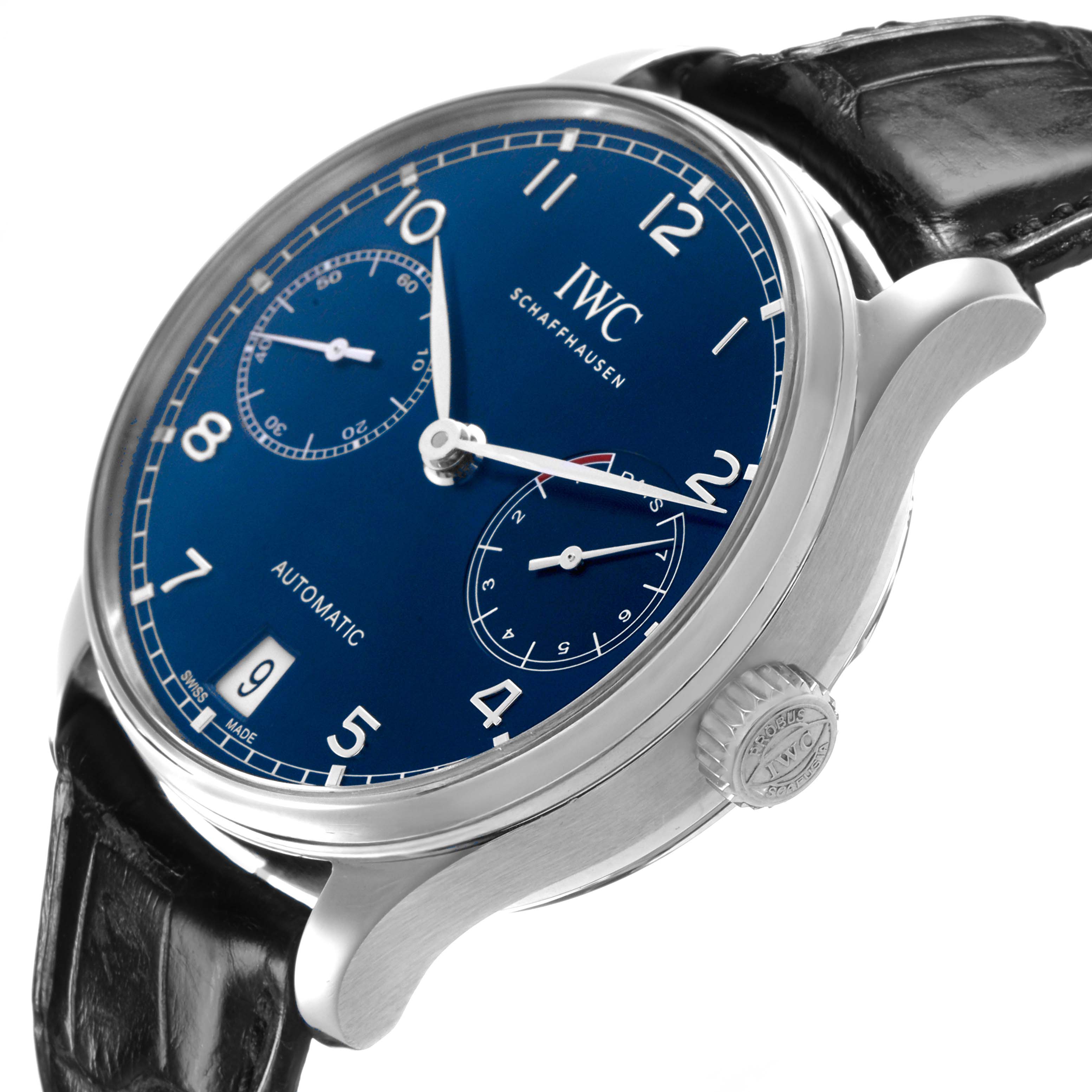 The IWC Portuguese IW500710 Men's Stainless Steel Blue Dial watch is shown from a side angle, highlighting the blue dial, subdials, crown, and leather strap.