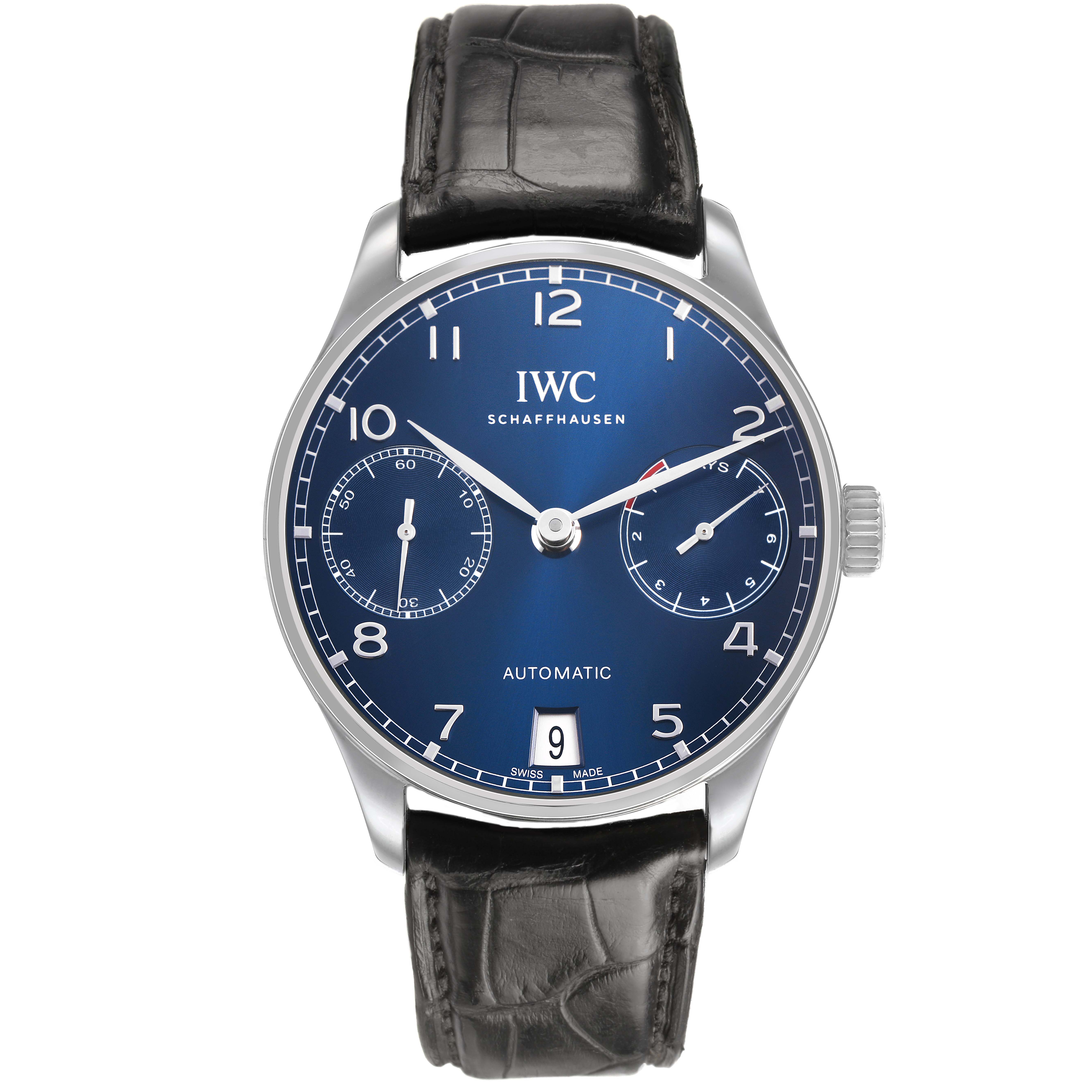 The IWC Portuguese IW500710 Men's Stainless Steel Blue Dial watch is shown from the front, displaying the dial, hands, subdials, and leather strap.
