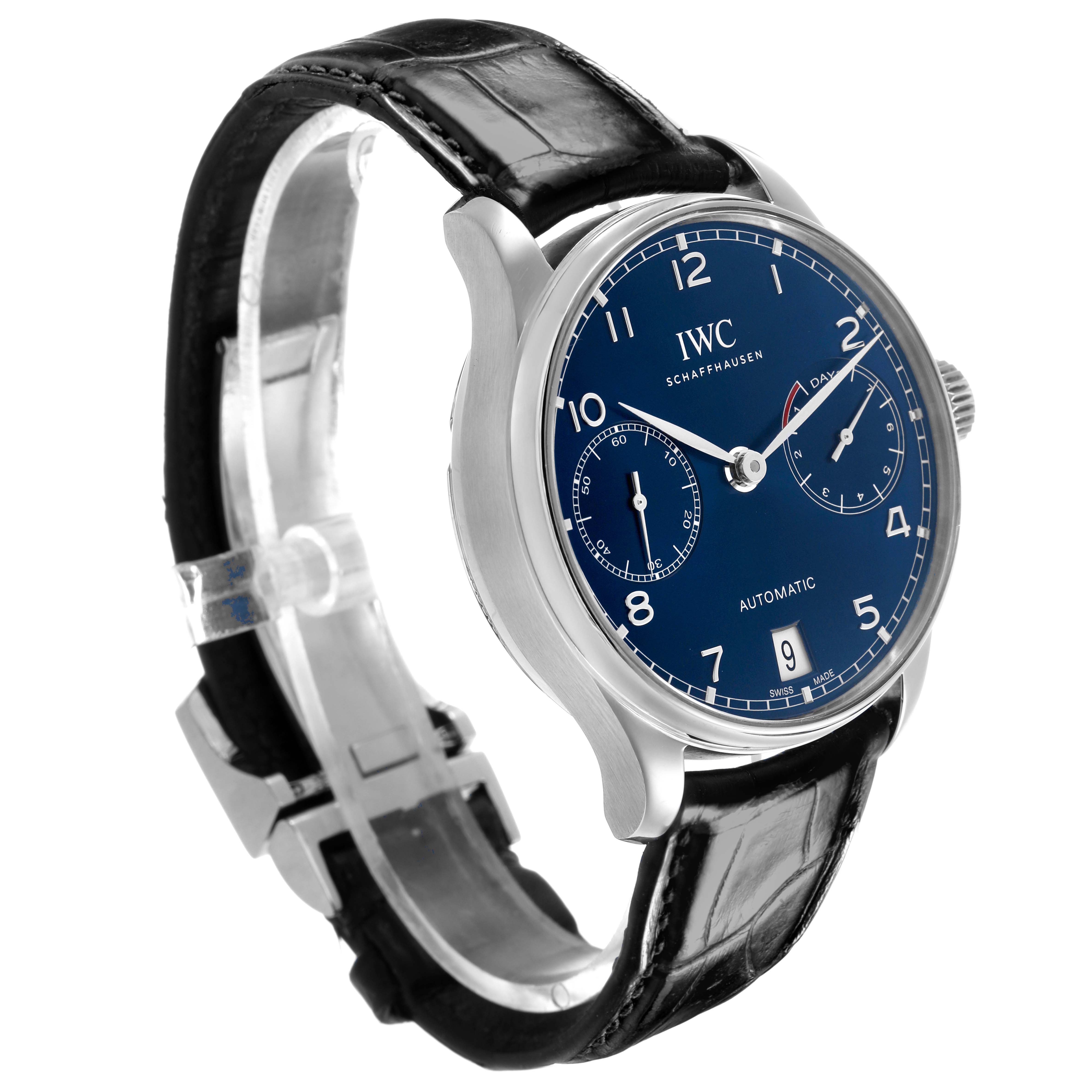 The IWC Portuguese IW500710 Men's Stainless Steel Blue Dial watch is shown at a three-quarter angle, highlighting its blue dial, silver case, and black leather strap.