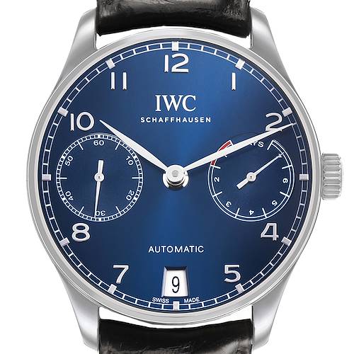 The IWC Portuguese IW500710 Men's Stainless Steel Blue Dial watch is shown from a front angle, displaying its blue dial, sub-dials, date window, and crown.