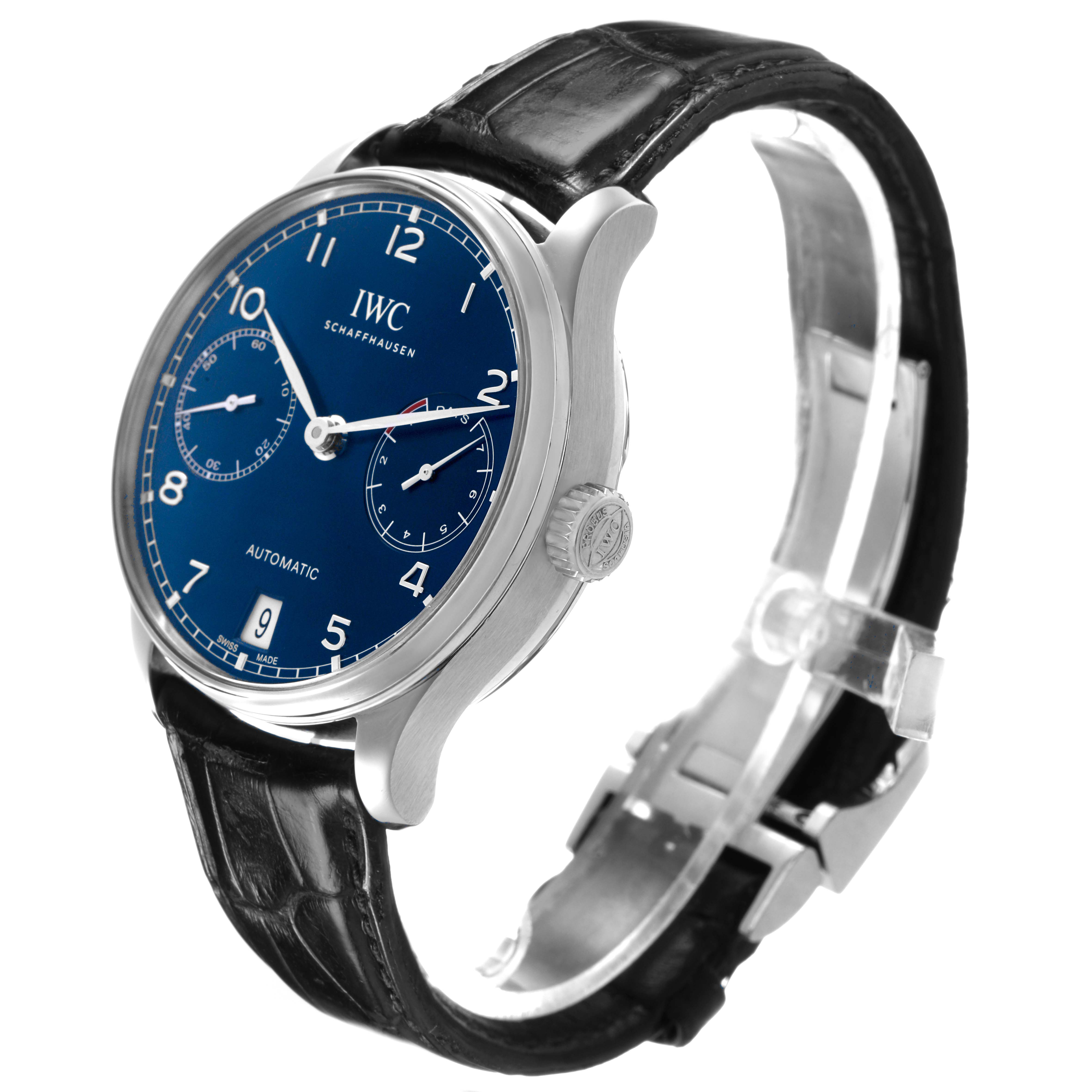 The IWC Portuguese IW500710 Men's Stainless Steel Blue Dial watch is shown at a three-quarter angle, highlighting its blue dial, silver case, leather strap, and crown.