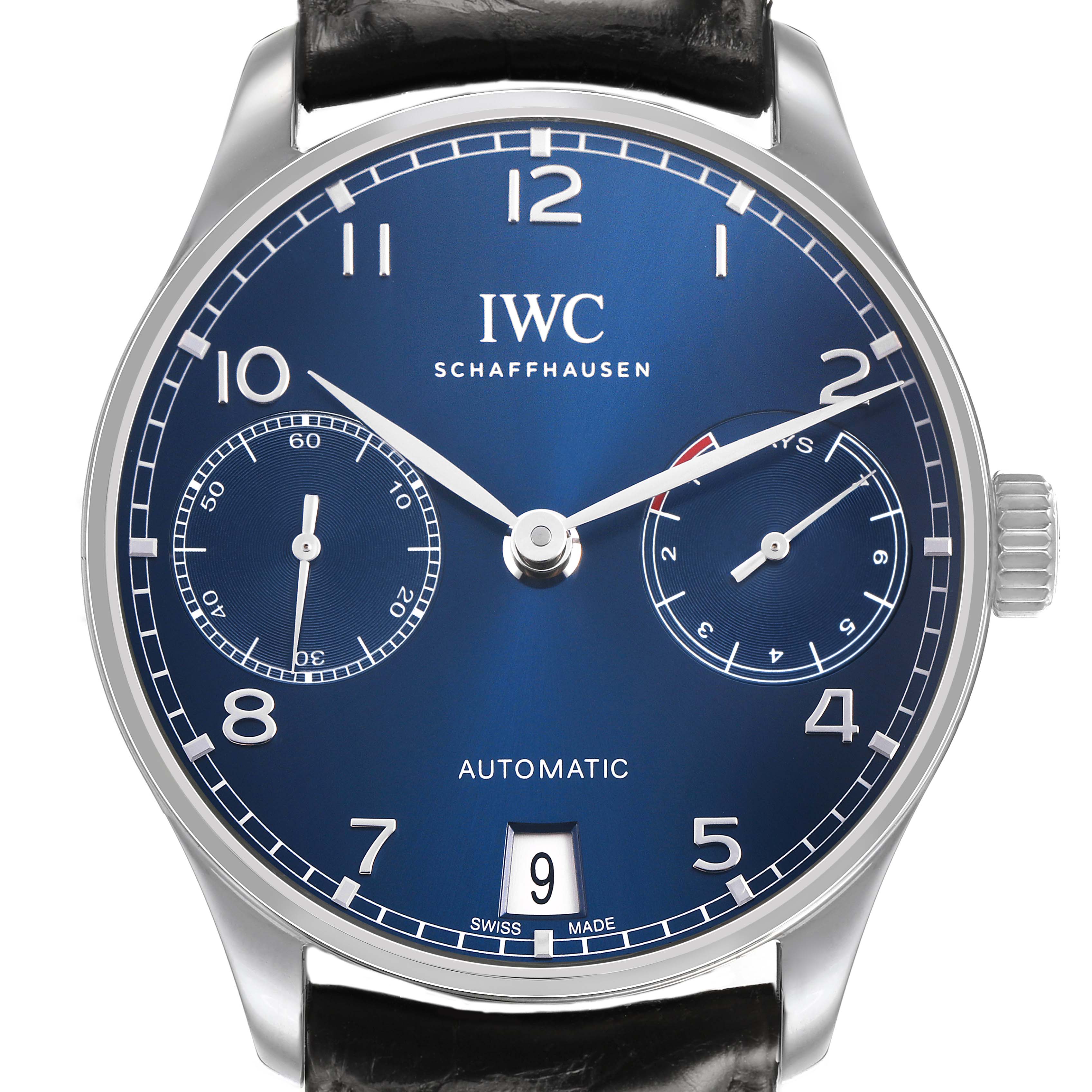 The IWC Portuguese IW500710 Men's Stainless Steel Blue Dial watch is shown from the front, highlighting the dial, hands, date display, and subdials.