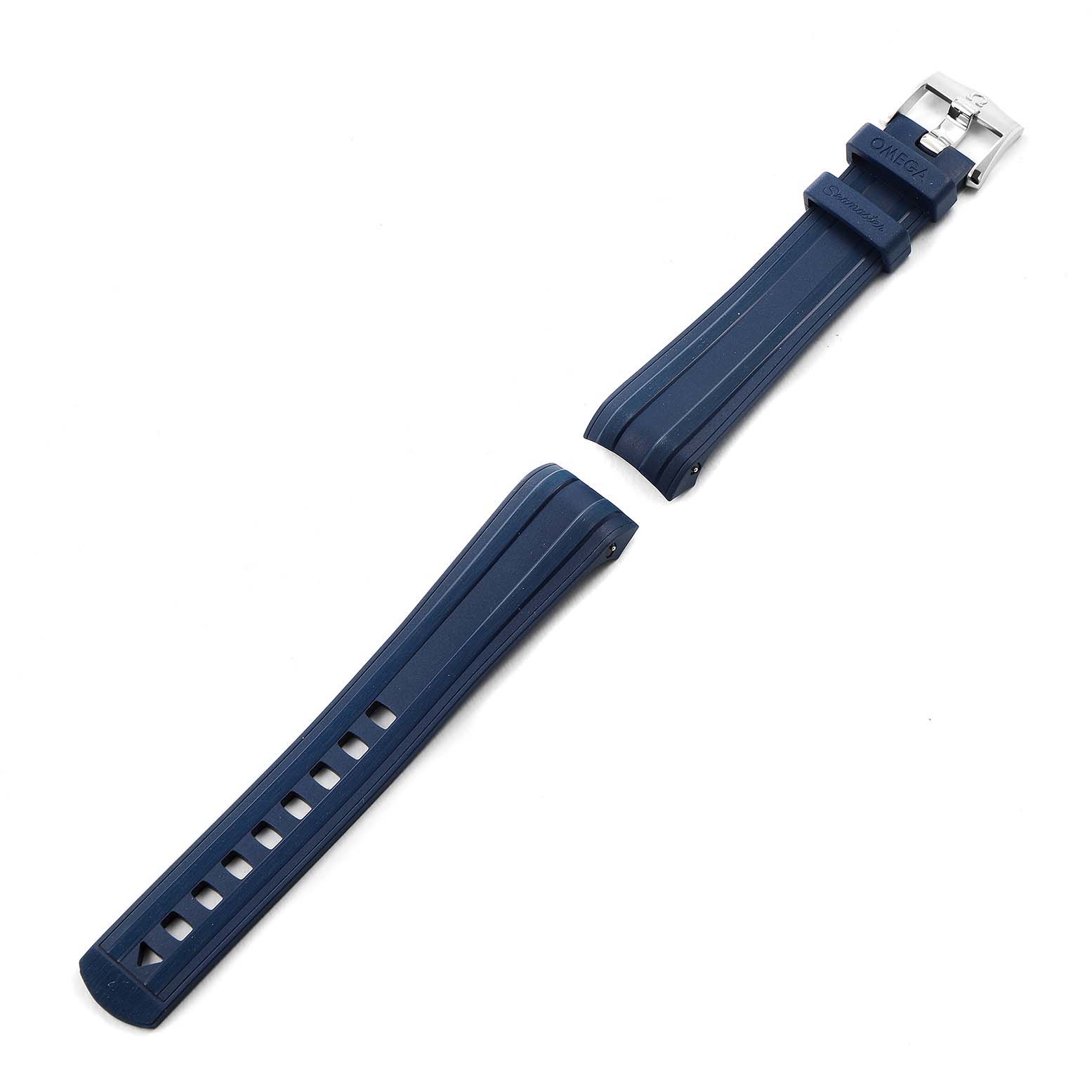 This image shows a blue replacement strap for the Omega Seamaster 210.30.44.51.03.002 Men's Stainless Steel Blue Dial 210.30.44.51.03.002 Men's Stainless Steel Blue Dial watch, including the buckle and adjustment holes.
