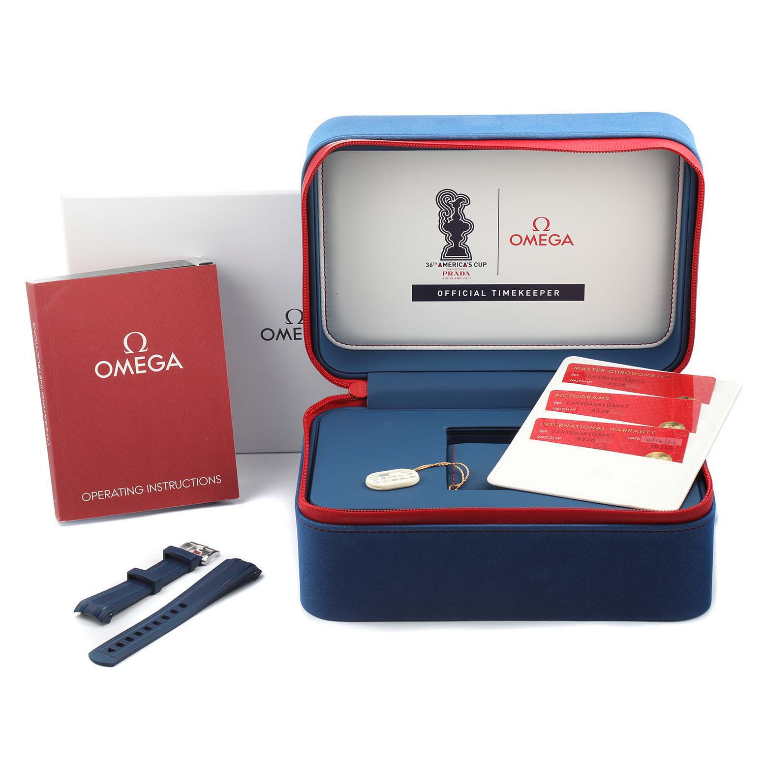 The image shows an Omega Seamaster 210.30.44.51.03.002 Men's Stainless Steel Blue Dial 210.30.44.51.03.002 Men's Stainless Steel Blue Dial watch box set with operating instructions, extra straps, and warranty cards, viewed from the front.