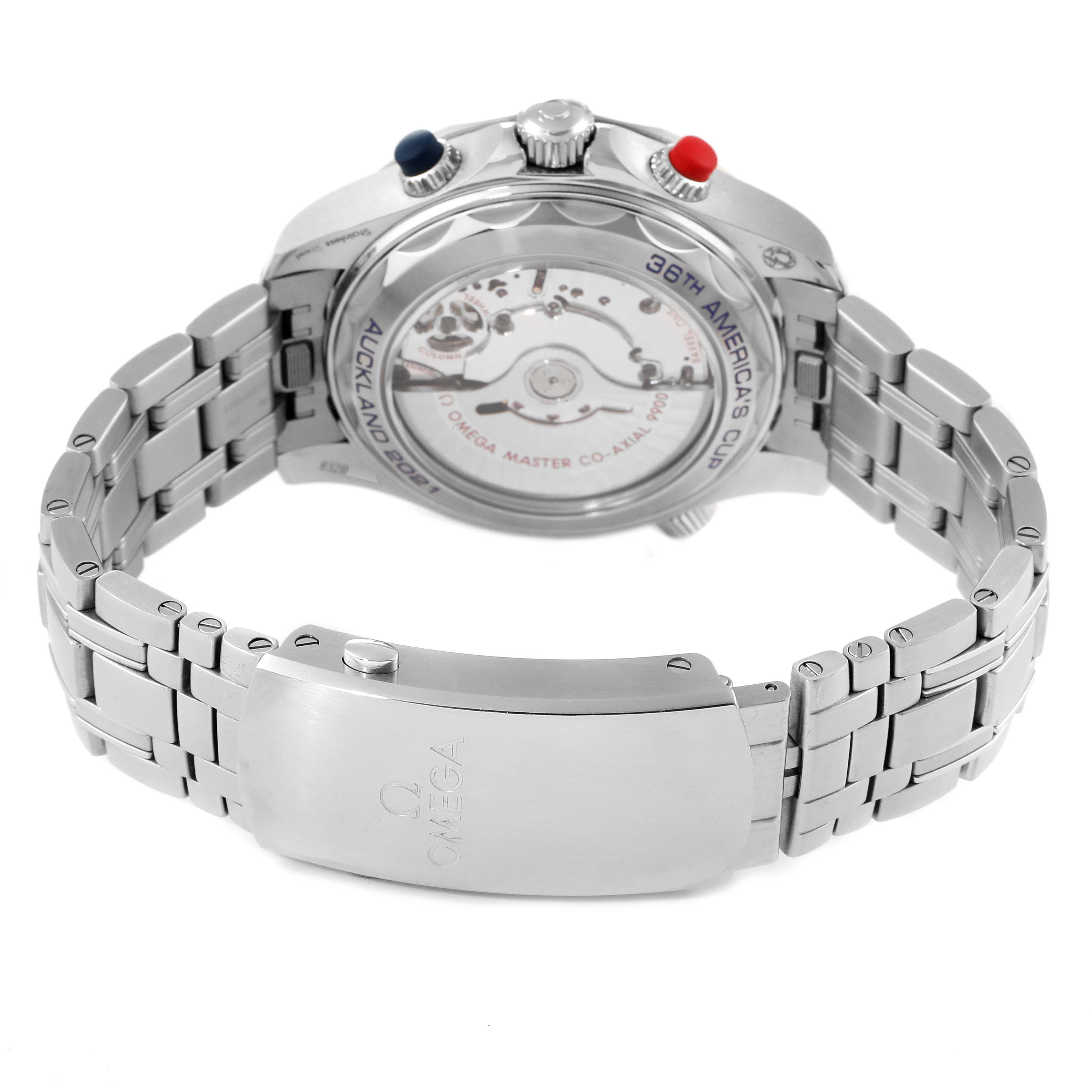 The image shows the back view of an Omega Seamaster 210.30.44.51.03.002 Men's Stainless Steel Blue Dial 210.30.44.51.03.002 Men's Stainless Steel Blue Dial watch, highlighting its stainless steel bracelet and transparent case back.