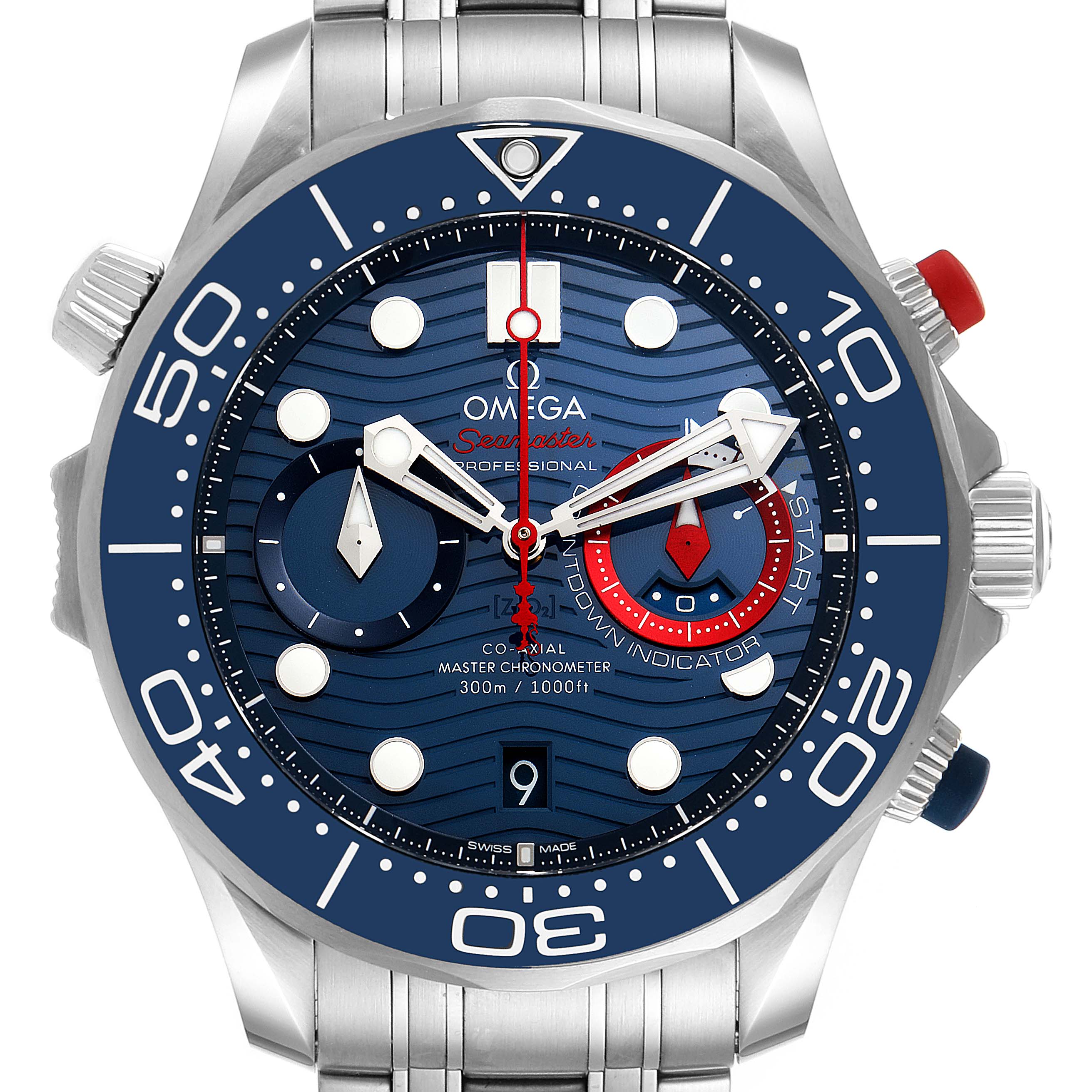 This Omega Seamaster 210.30.44.51.03.002 Men's Stainless Steel Blue Dial 210.30.44.51.03.002 Men's Stainless Steel Blue Dial watch is shown from the front, displaying its face, bezel, and metal strap.