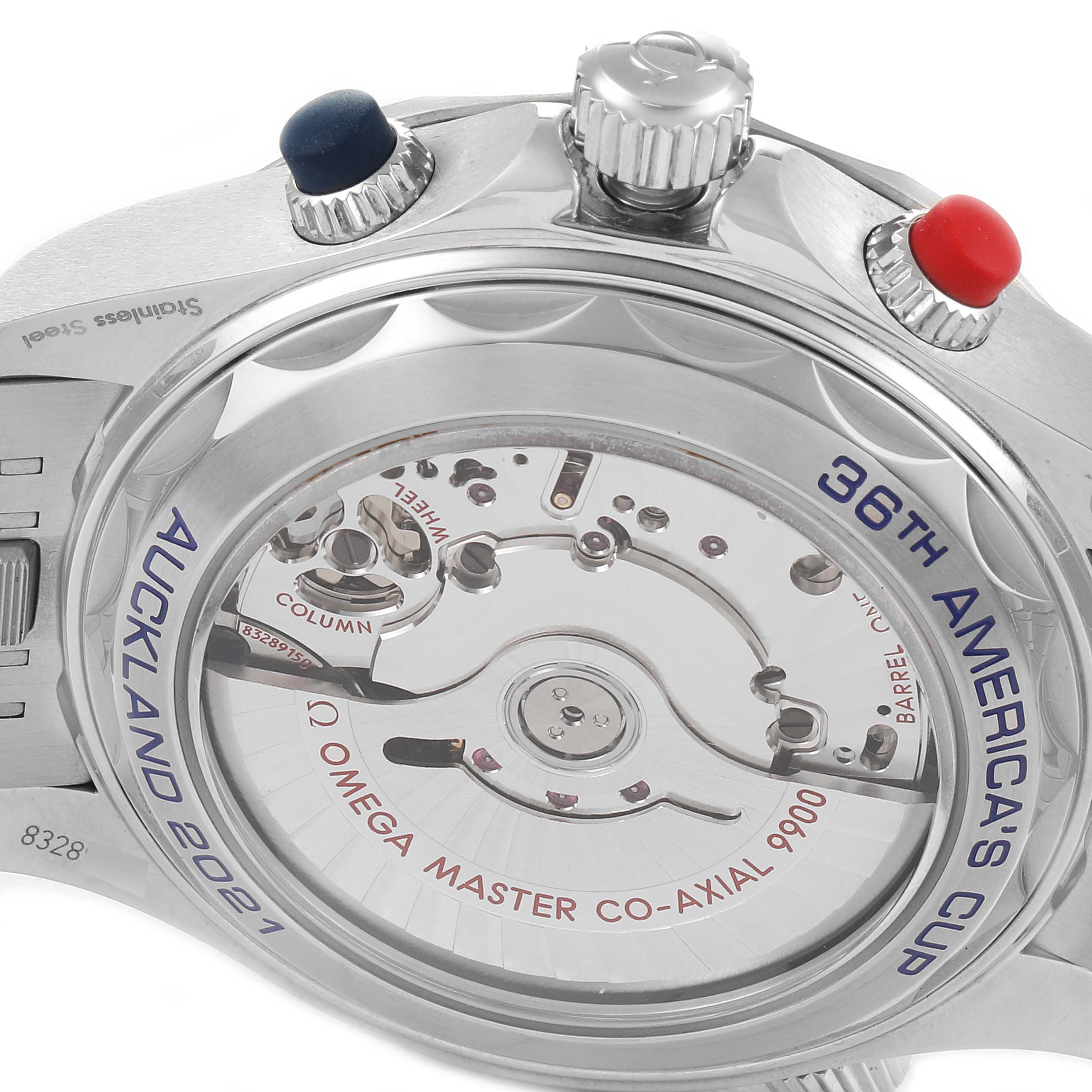 This image shows the back case and chronograph buttons of an Omega Seamaster 210.30.44.51.03.002 Men's Stainless Steel Blue Dial 210.30.44.51.03.002 Men's Stainless Steel Blue Dial watch, highlighting the movement and engravings.