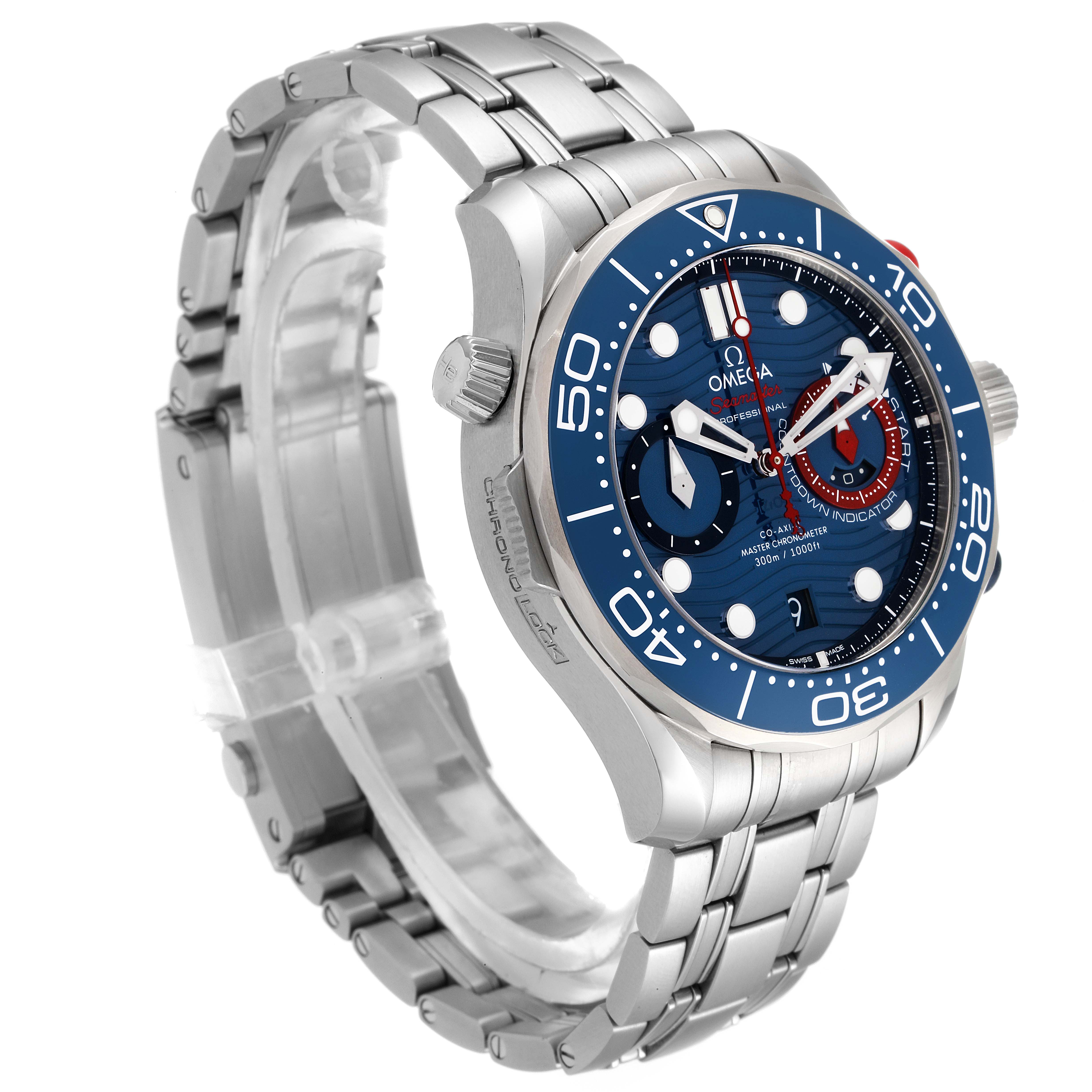 The Omega Seamaster 210.30.44.51.03.002 Men's Stainless Steel Blue Dial 210.30.44.51.03.002 Men's Stainless Steel Blue Dial watch is shown at a three-quarter angle, displaying its blue dial, bezel, and stainless steel bracelet.