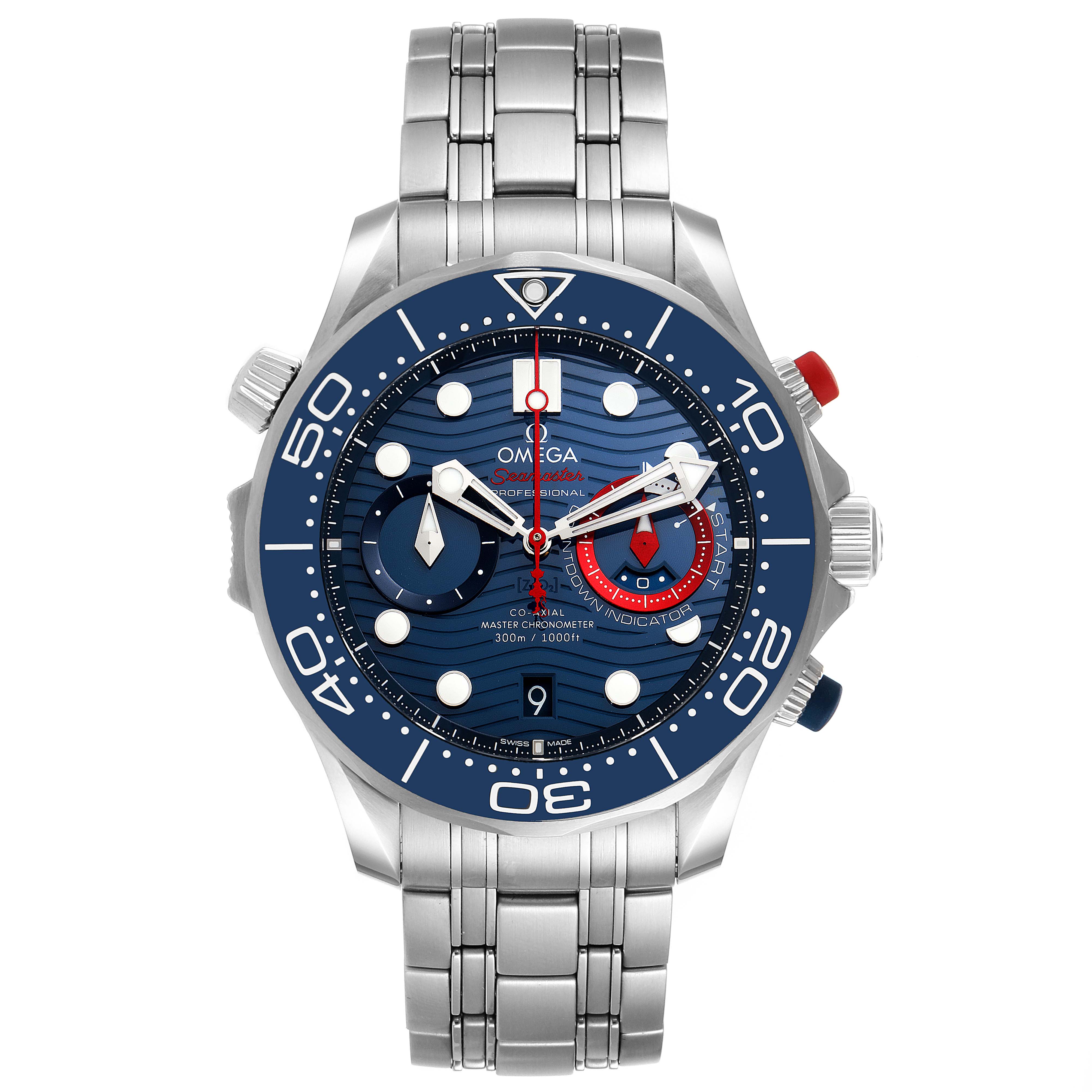 The image shows the face and stainless steel band of an Omega Seamaster 210.30.44.51.03.002 Men's Stainless Steel Blue Dial 210.30.44.51.03.002 Men's Stainless Steel Blue Dial model watch from a direct top-down angle.