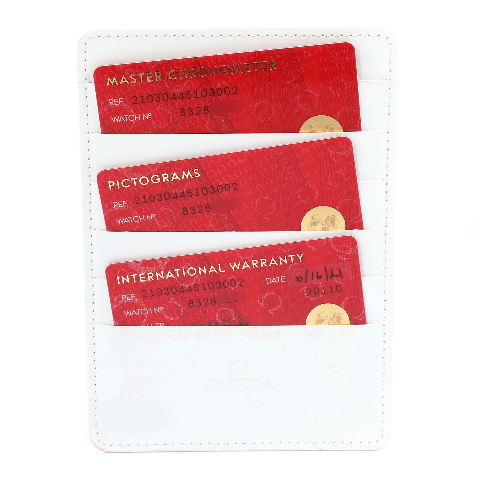 The image shows Omega Seamaster 210.30.44.51.03.002 Men's Stainless Steel Blue Dial 210.30.44.51.03.002 Men's Stainless Steel Blue Dial documentation, including Master Chronometer, Pictograms, and International Warranty cards in a white holder.