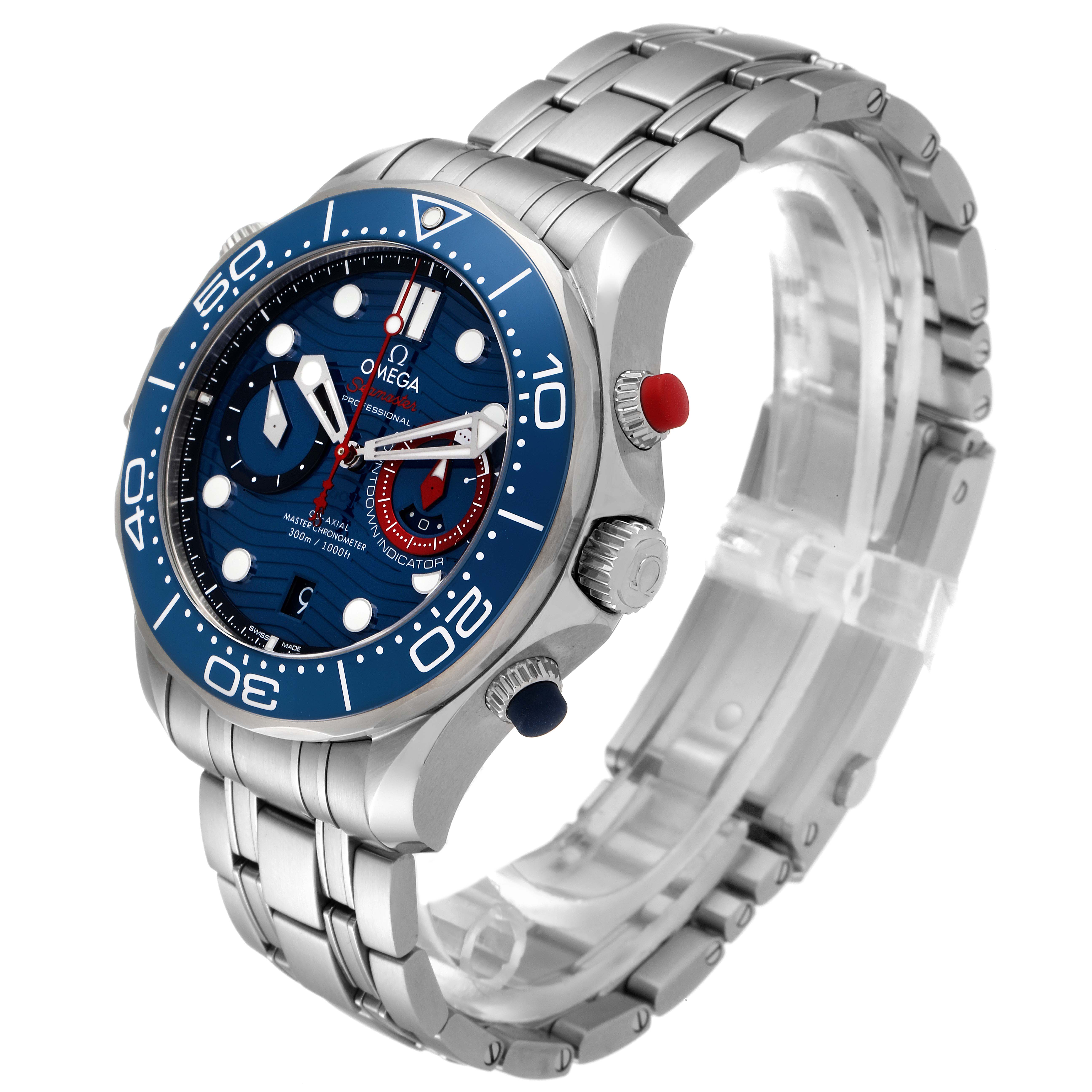 The Omega Seamaster 210.30.44.51.03.002 Men's Stainless Steel Blue Dial 210.30.44.51.03.002 Men's Stainless Steel Blue Dial watch is displayed at a three-quarter angle showing the face, bezel, crown, pushers, and bracelet.