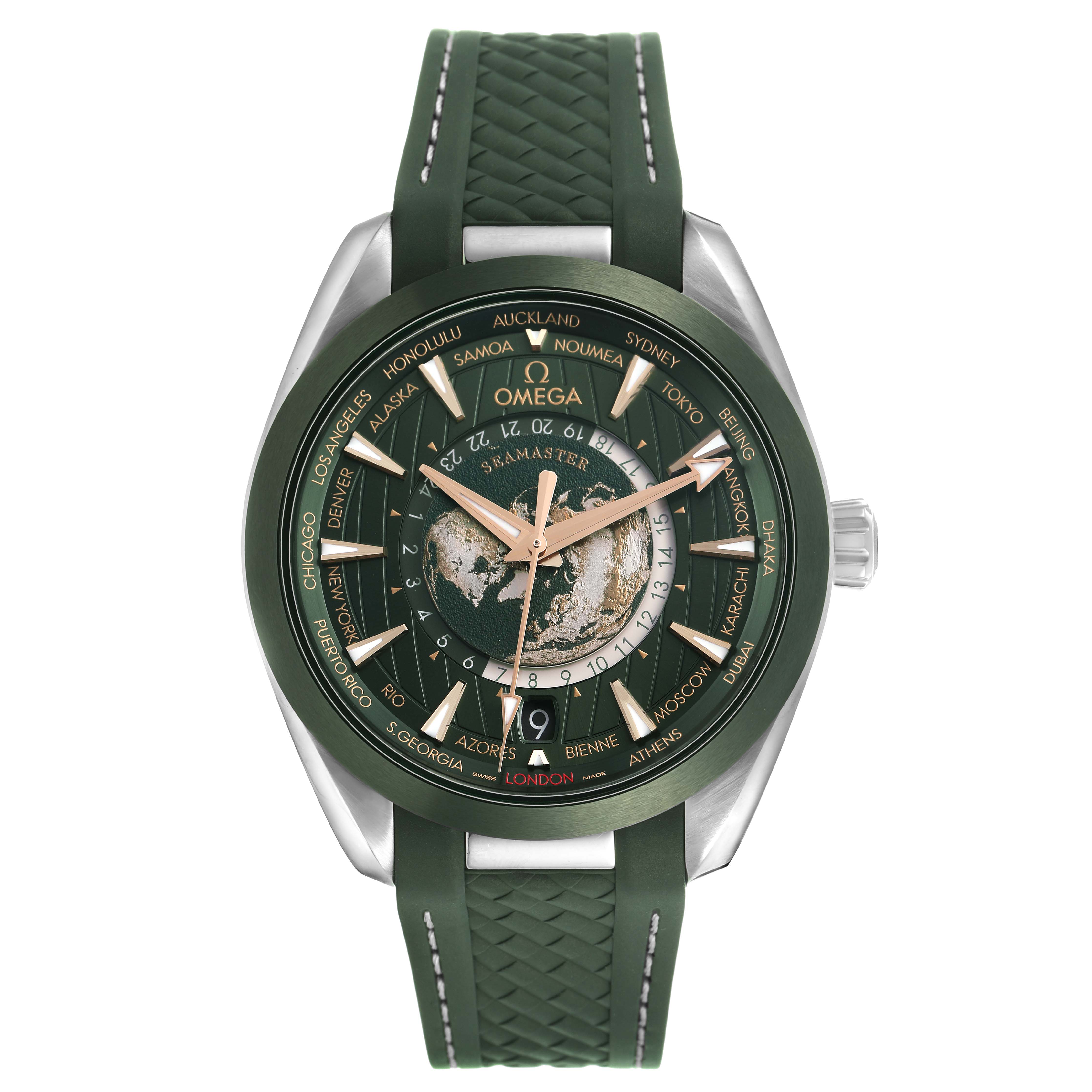 The Omega Seamaster 220.32.43.22.10.001 Men's Stainless Steel Green Dial watch is shown from a front angle, highlighting its green dial, world time bezel, and textured green strap.