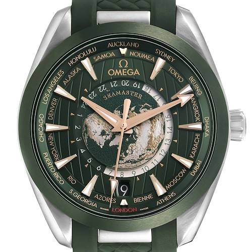 The image shows a close-up, front view of an Omega Seamaster 220.32.43.22.10.001 Men's Stainless Steel Green Dial watch face, highlighting the dial and world time cities.