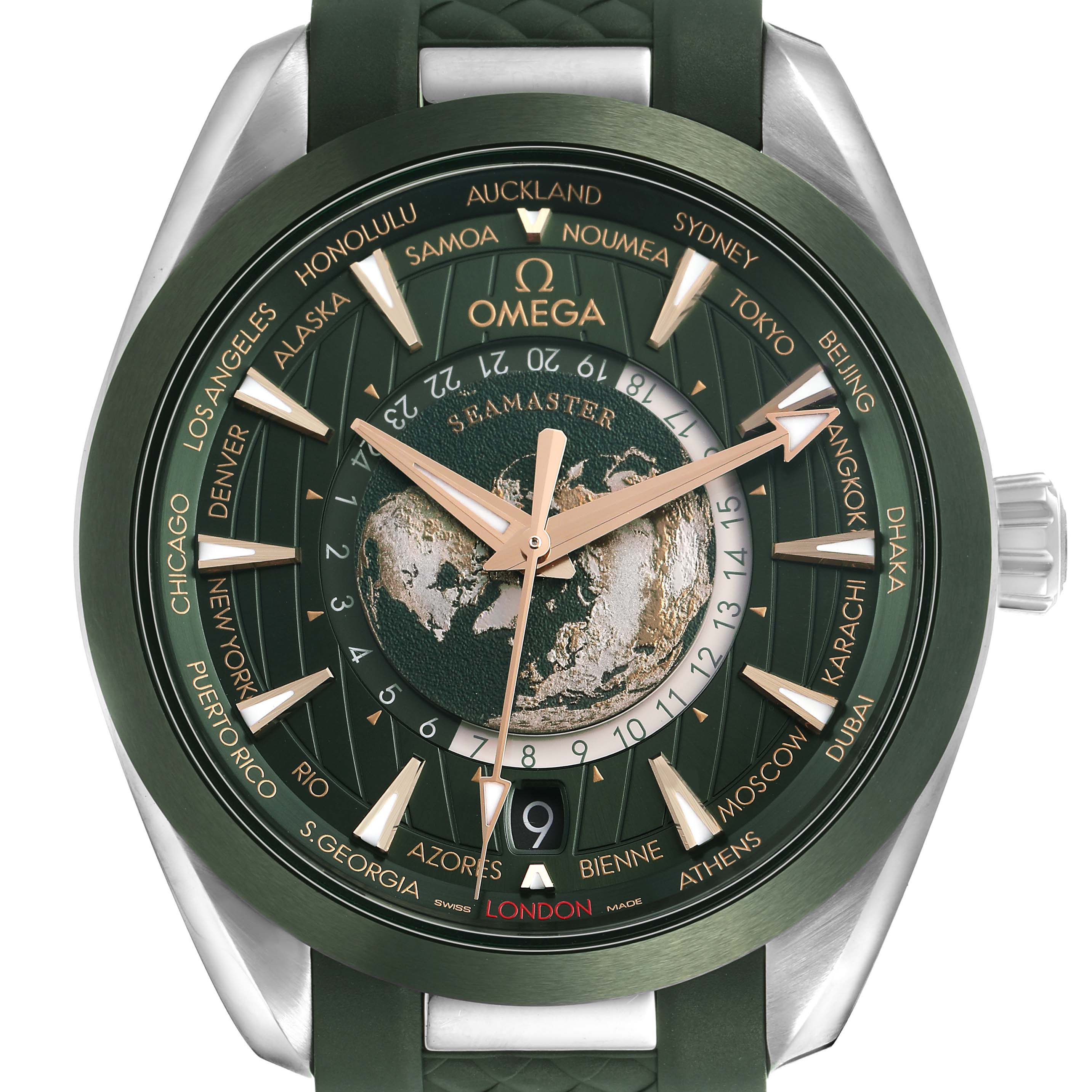 The Omega Seamaster 220.32.43.22.10.001 Men's Stainless Steel Green Dial watch is shown from the front, highlighting its green world time dial and city bezel.