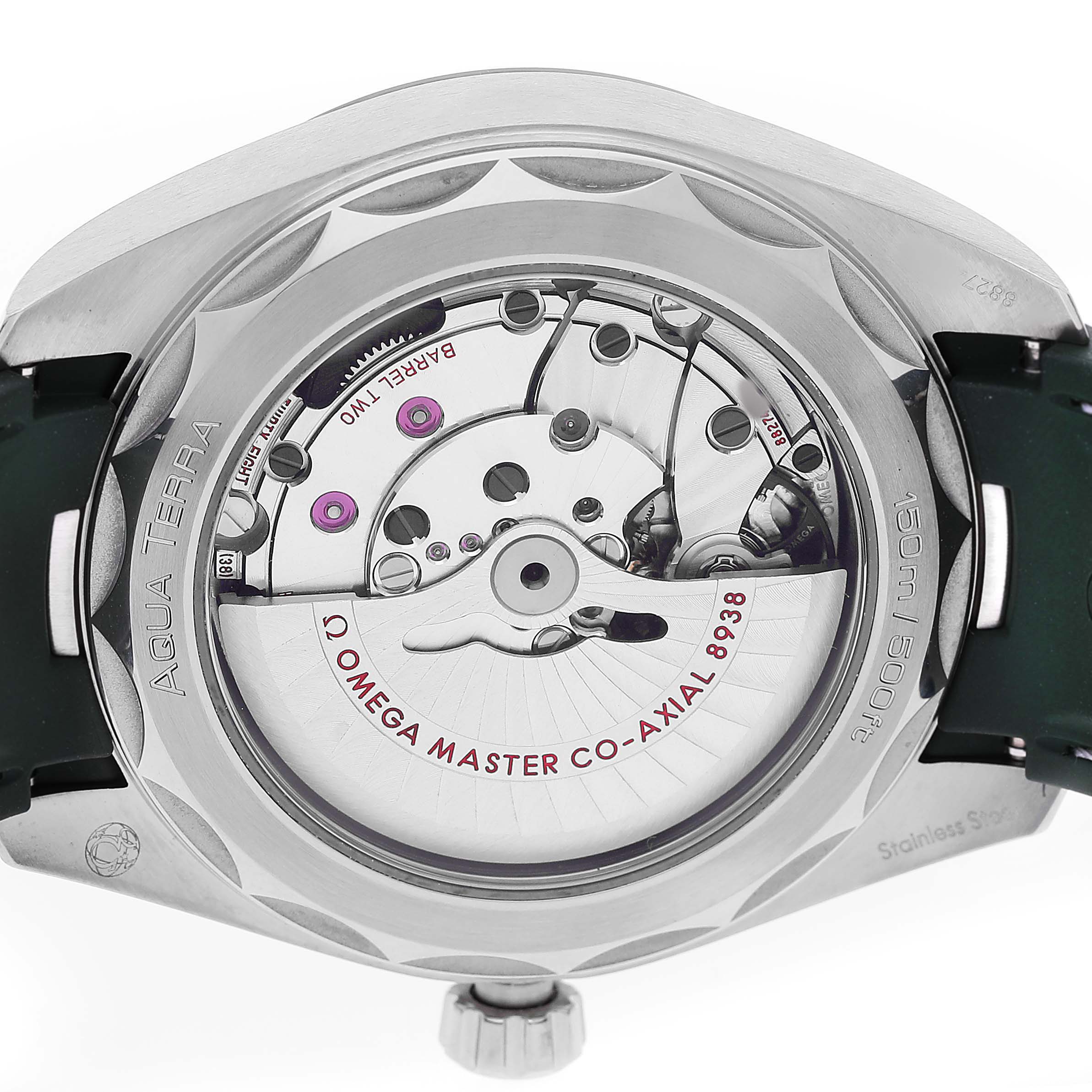 The image shows the back of the Omega Seamaster 220.32.43.22.10.001 Men's Stainless Steel Green Dial watch, highlighting its movement and inner mechanisms.