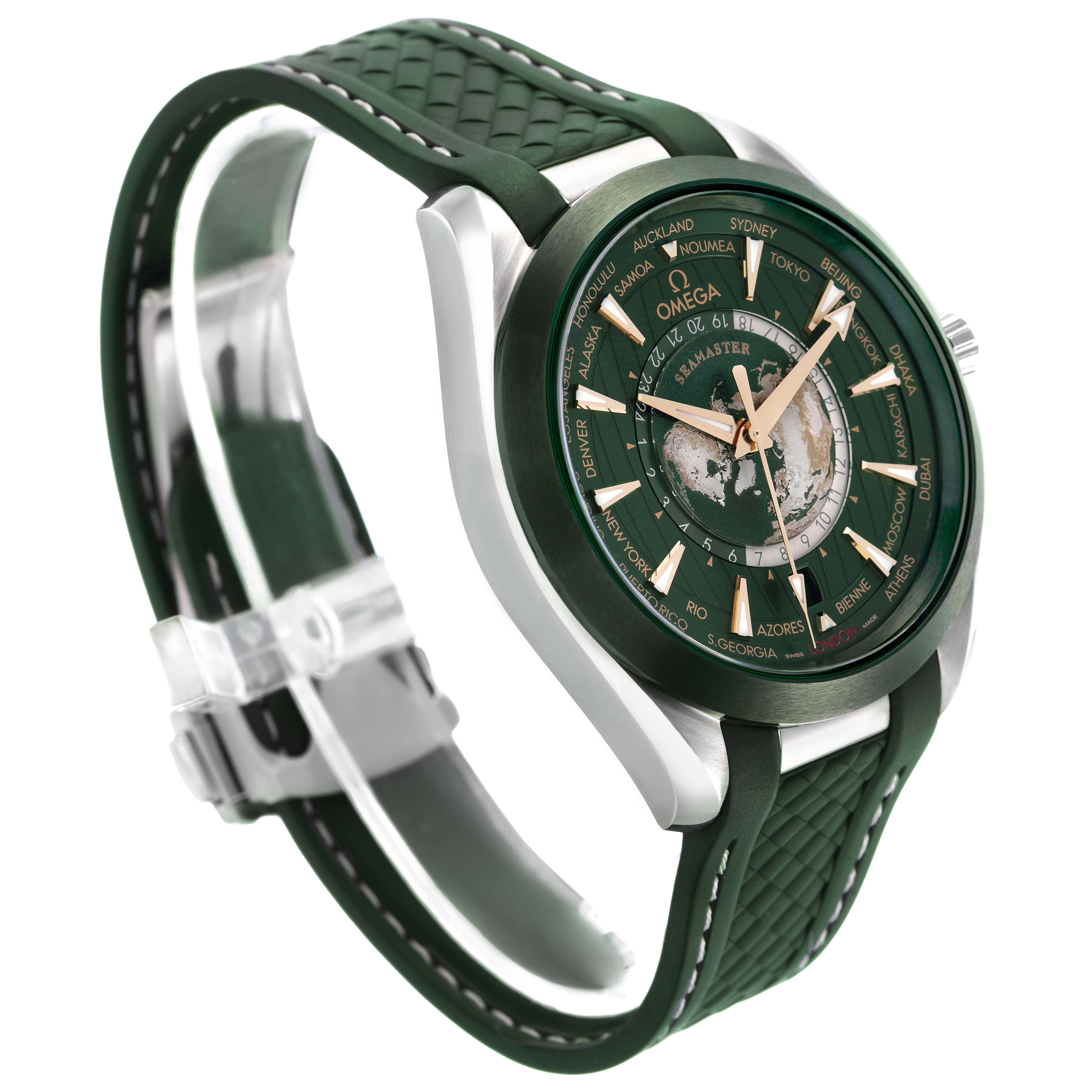 The Omega Seamaster 220.32.43.22.10.001 Men's Stainless Steel Green Dial watch is shown at a tilted angle, highlighting the green dial and strap with a visible crown and bezel.