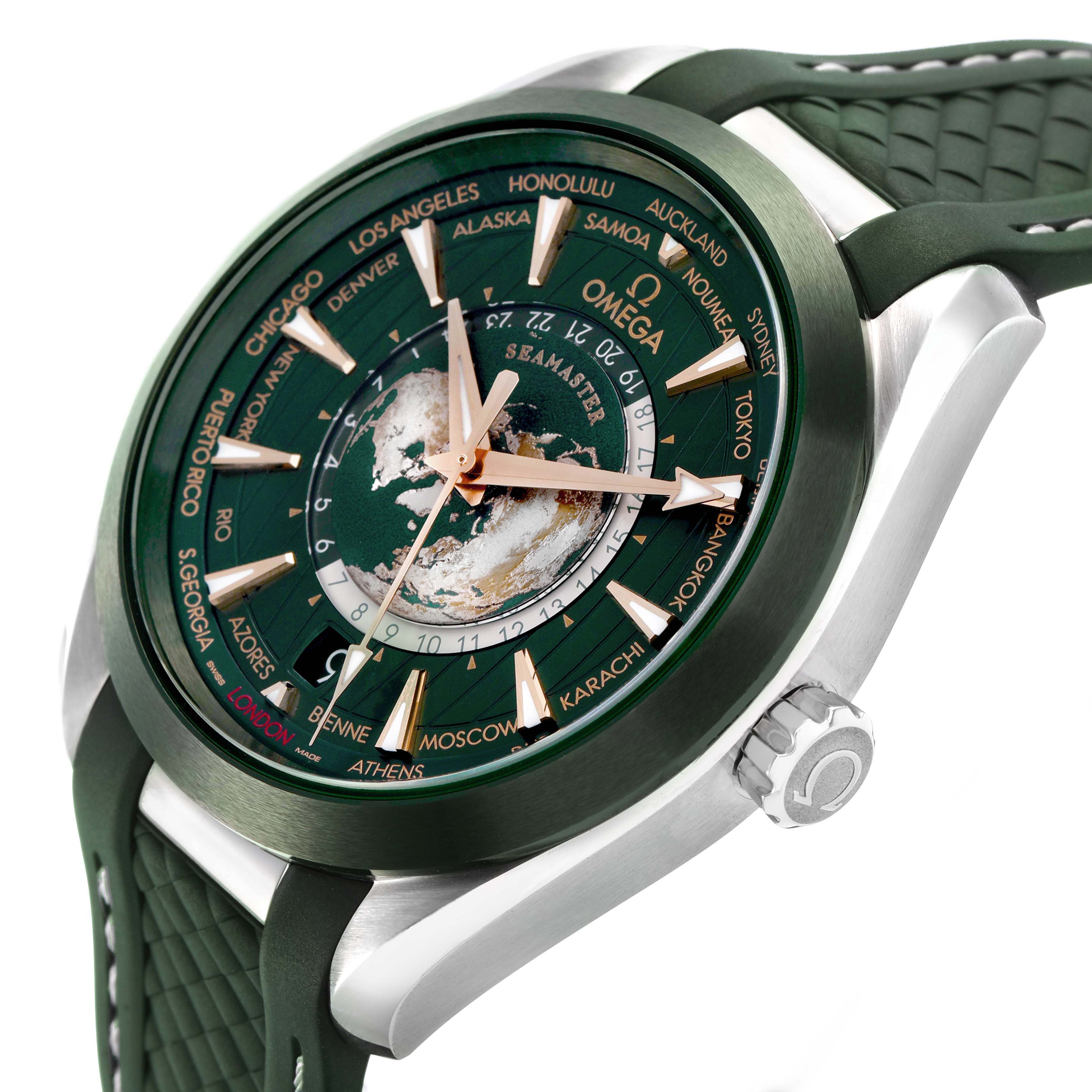 The Omega Seamaster 220.32.43.22.10.001 Men's Stainless Steel Green Dial watch is shown at a slight side angle, highlighting its face, bezel, and strap details.