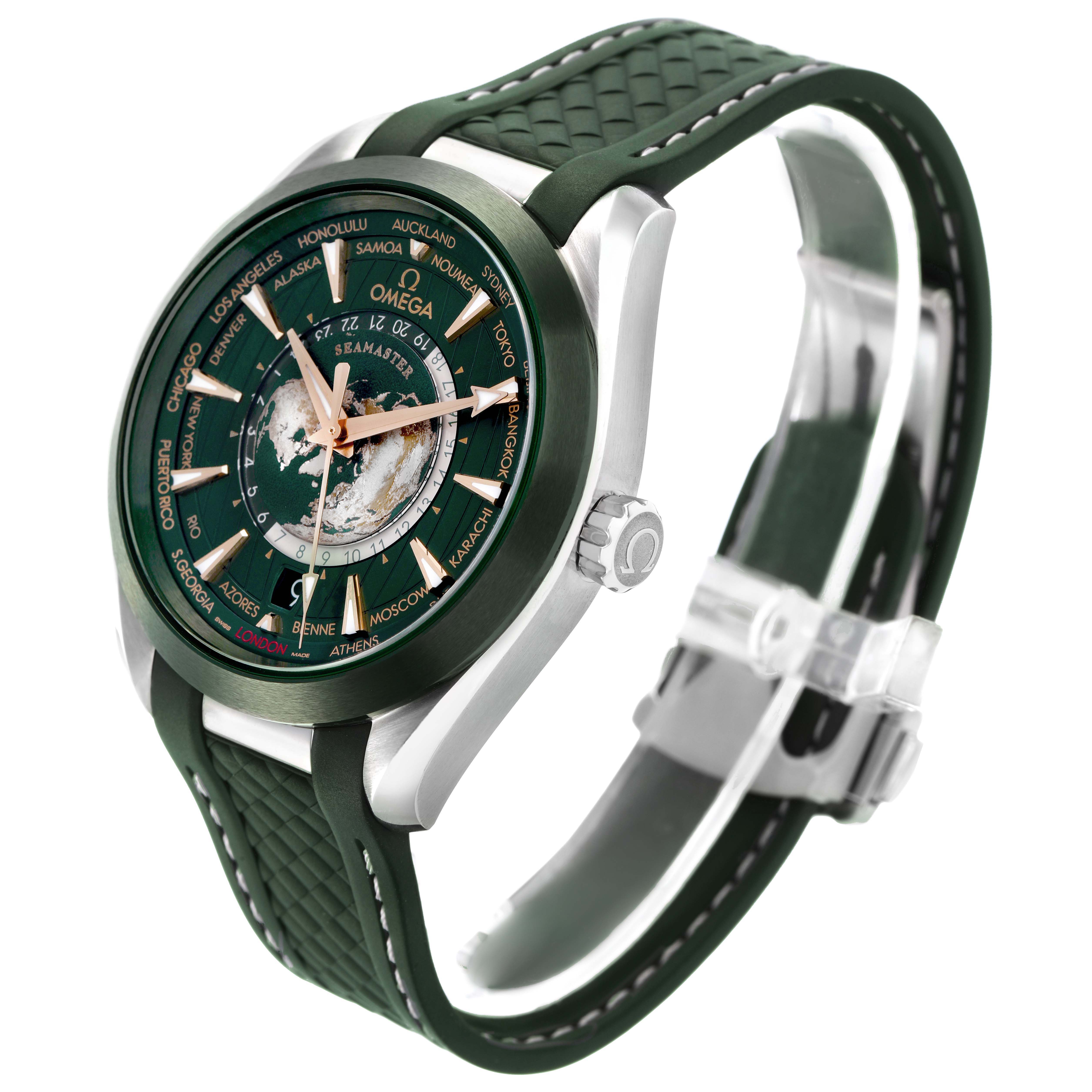 The Omega Seamaster 220.32.43.22.10.001 Men's Stainless Steel Green Dial watch is shown at a side angle, highlighting the green dial, bezel, case, and textured strap.