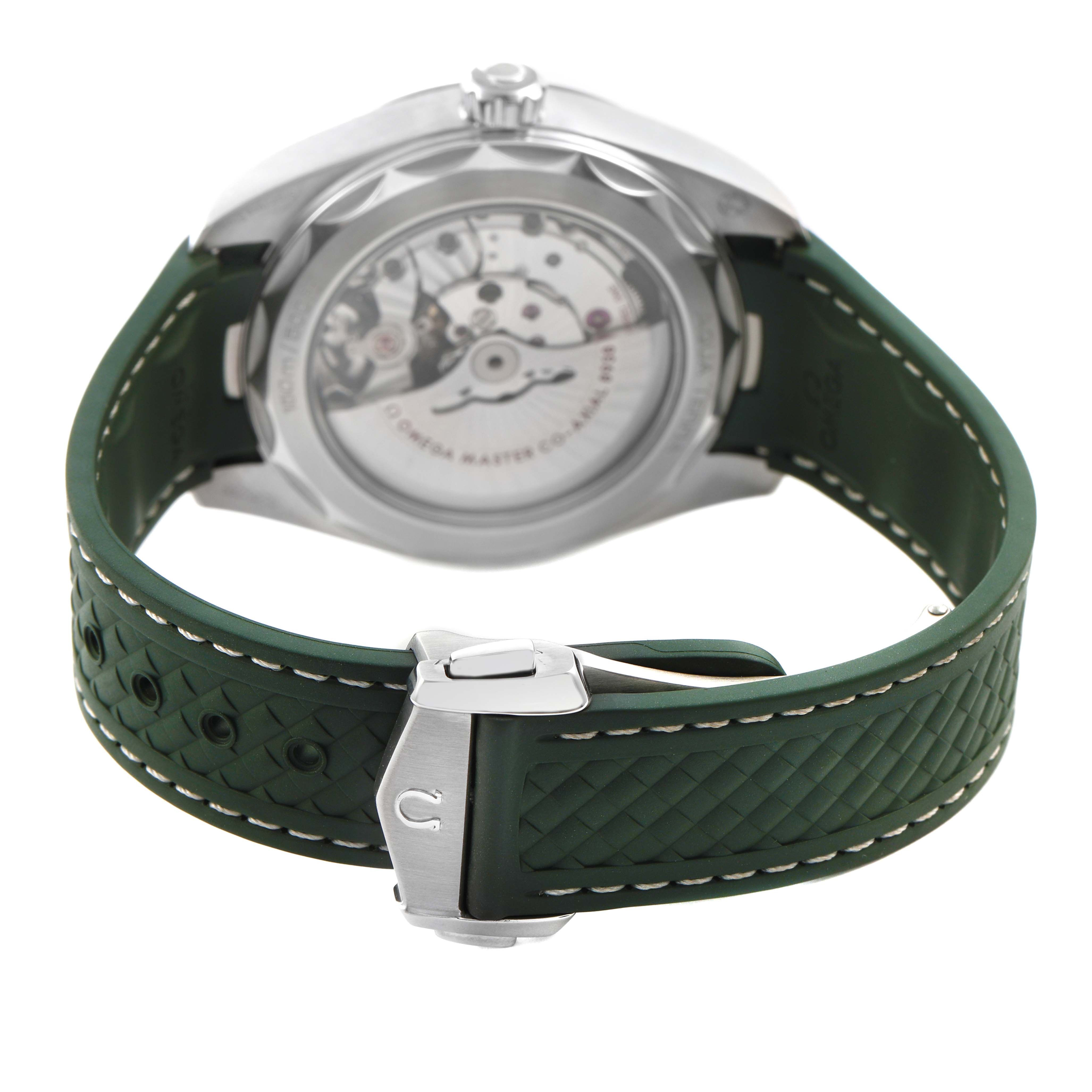The image shows the back view of the Omega Seamaster 220.32.43.22.10.001 Men's Stainless Steel Green Dial watch, highlighting the transparent case back and green rubber strap with buckle.