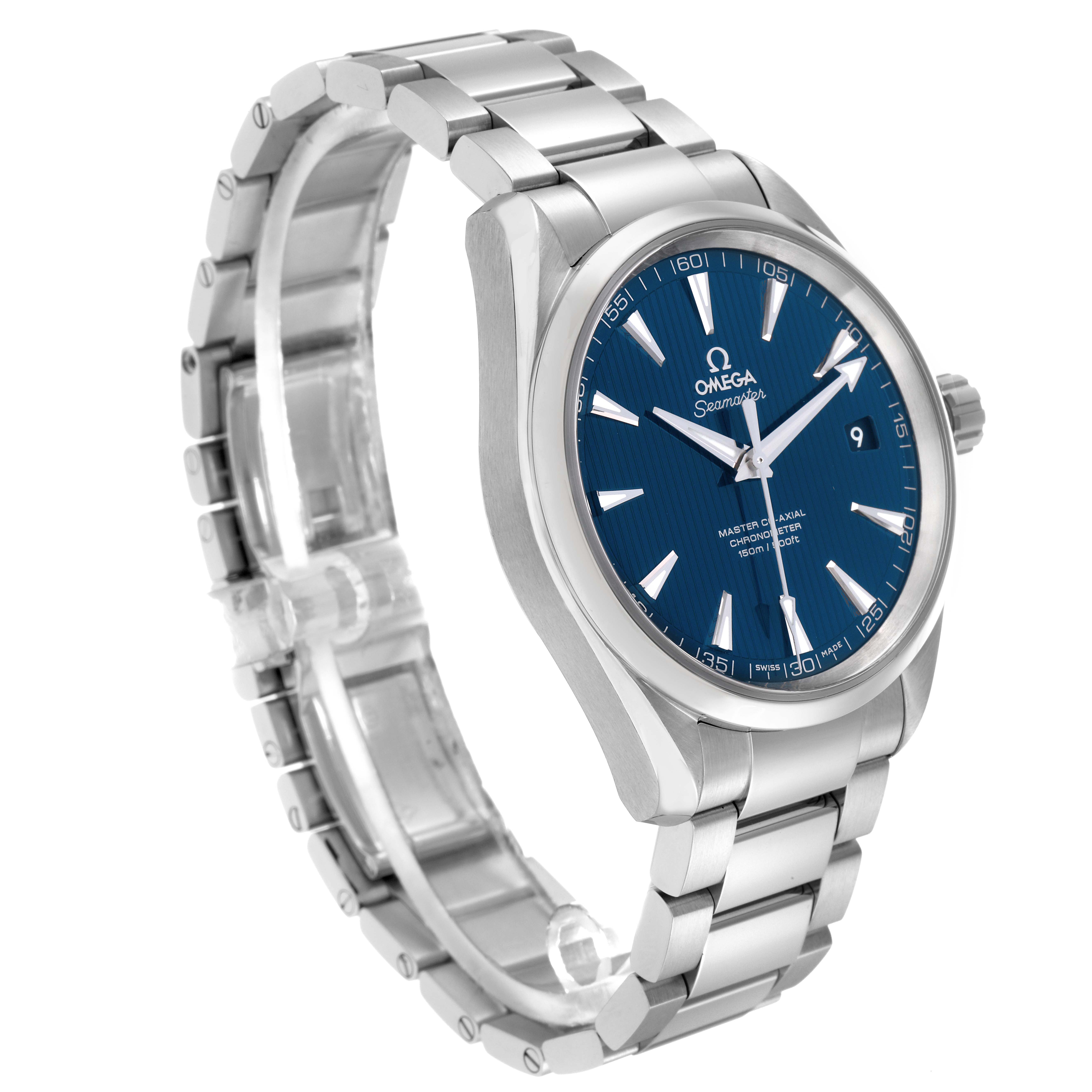 The Omega Aqua Terra 231.10.42.21.03.003 Men
s Stainless Steel Blue Dial 231.10.42.21.03.003 Men
s Stainless Steel Blue Dial watch is shown at a three-quarter angle, highlighting the face, bezel, and metal bracelet.