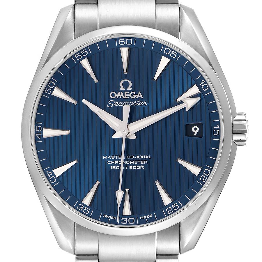 The Omega Aqua Terra watch is shown from a front angle, displaying its blue dial, hands, indices, and date window.